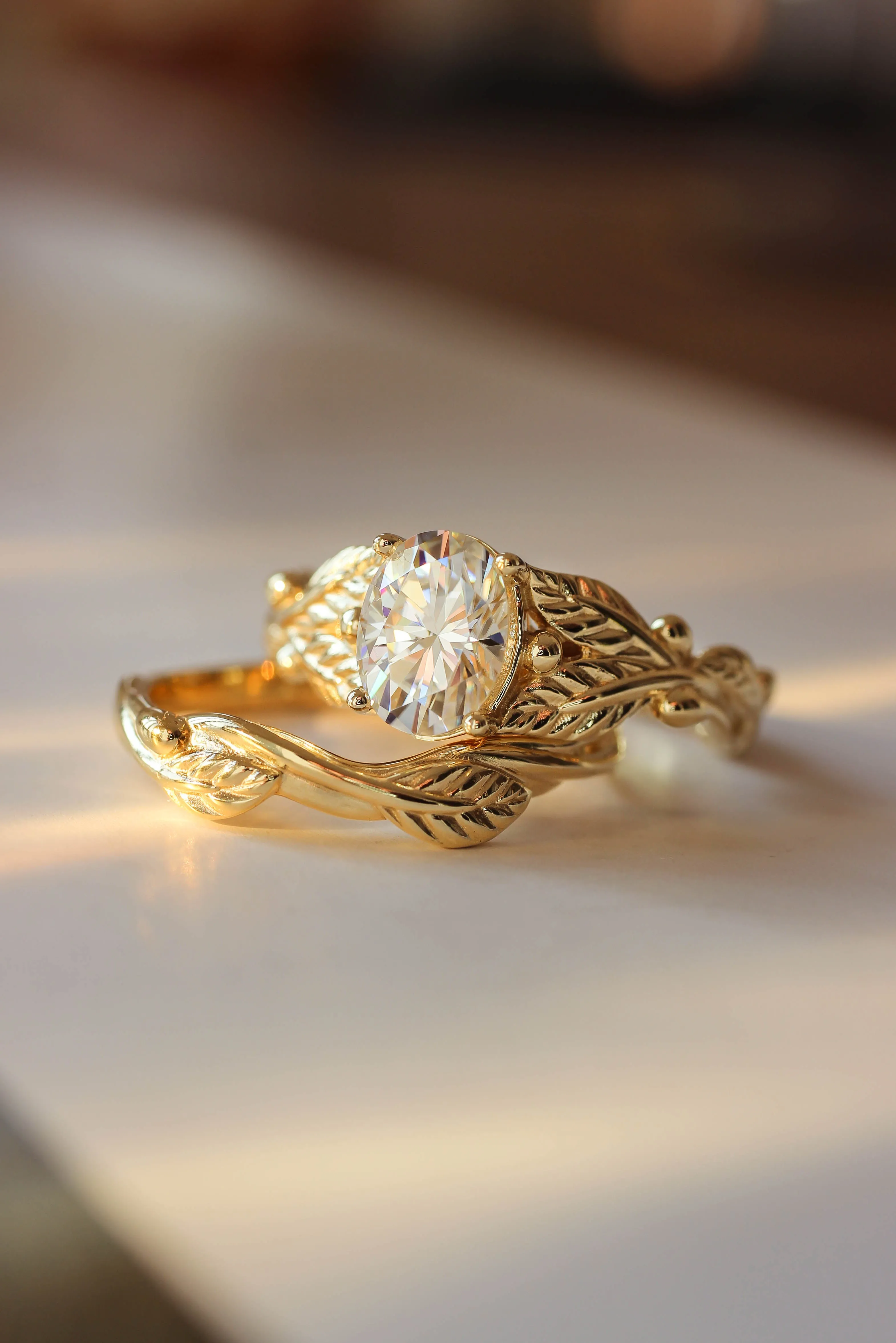 Bridal ring set with oval moissanite, gold leaf engagement and wedding rings / Cornus