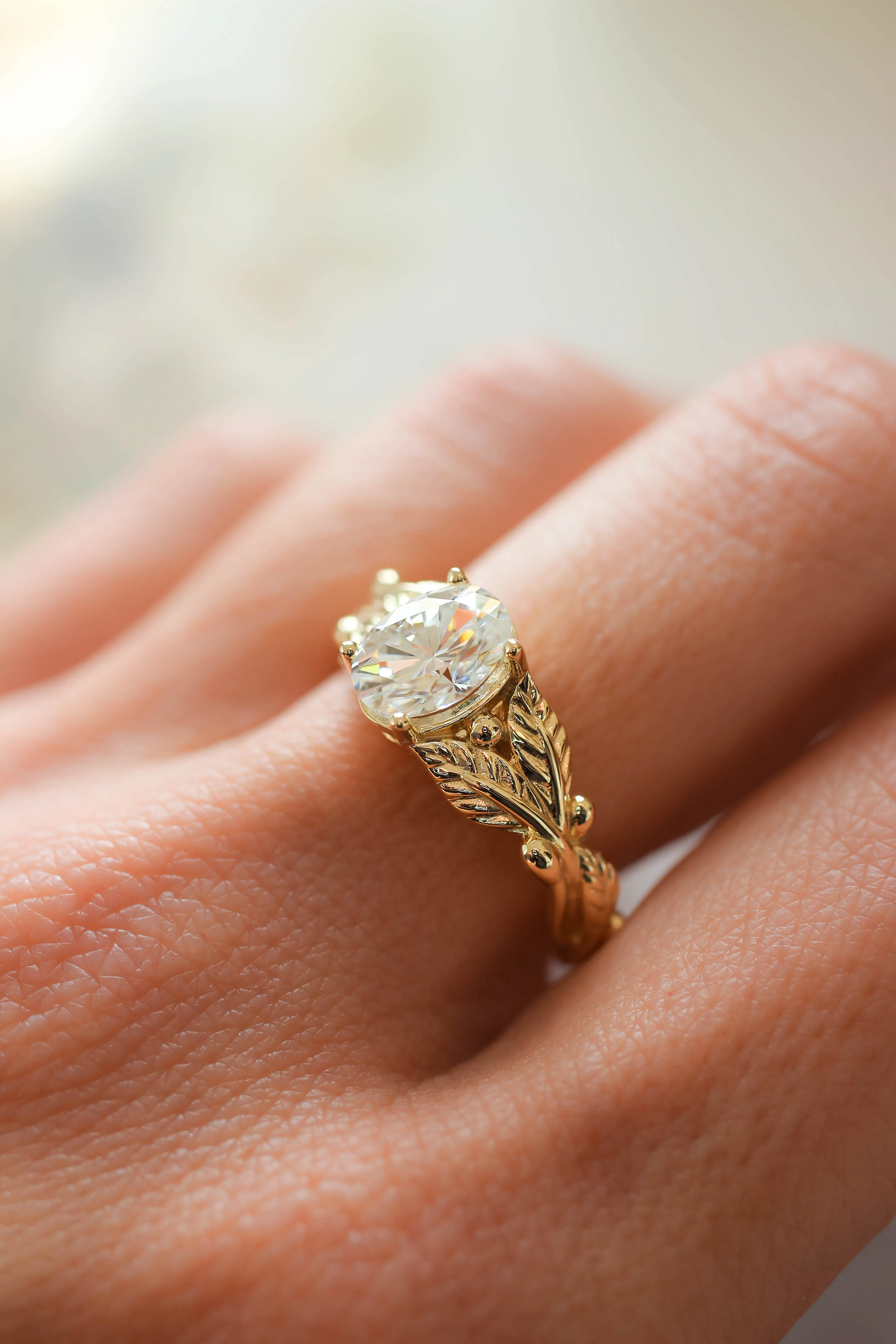 Bridal ring set with oval moissanite, gold leaf engagement and wedding rings / Cornus