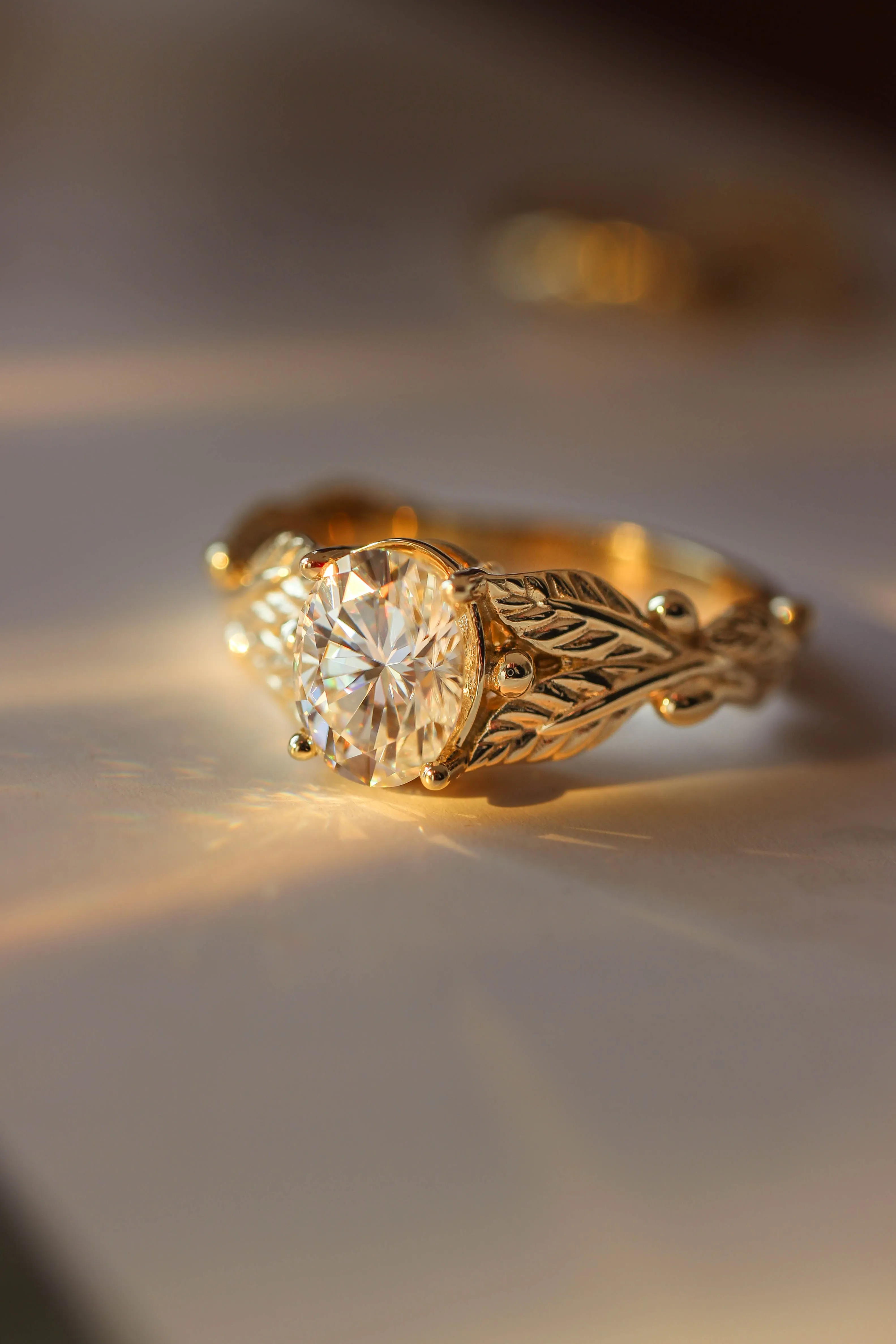 Bridal ring set with oval moissanite, gold leaf engagement and wedding rings / Cornus