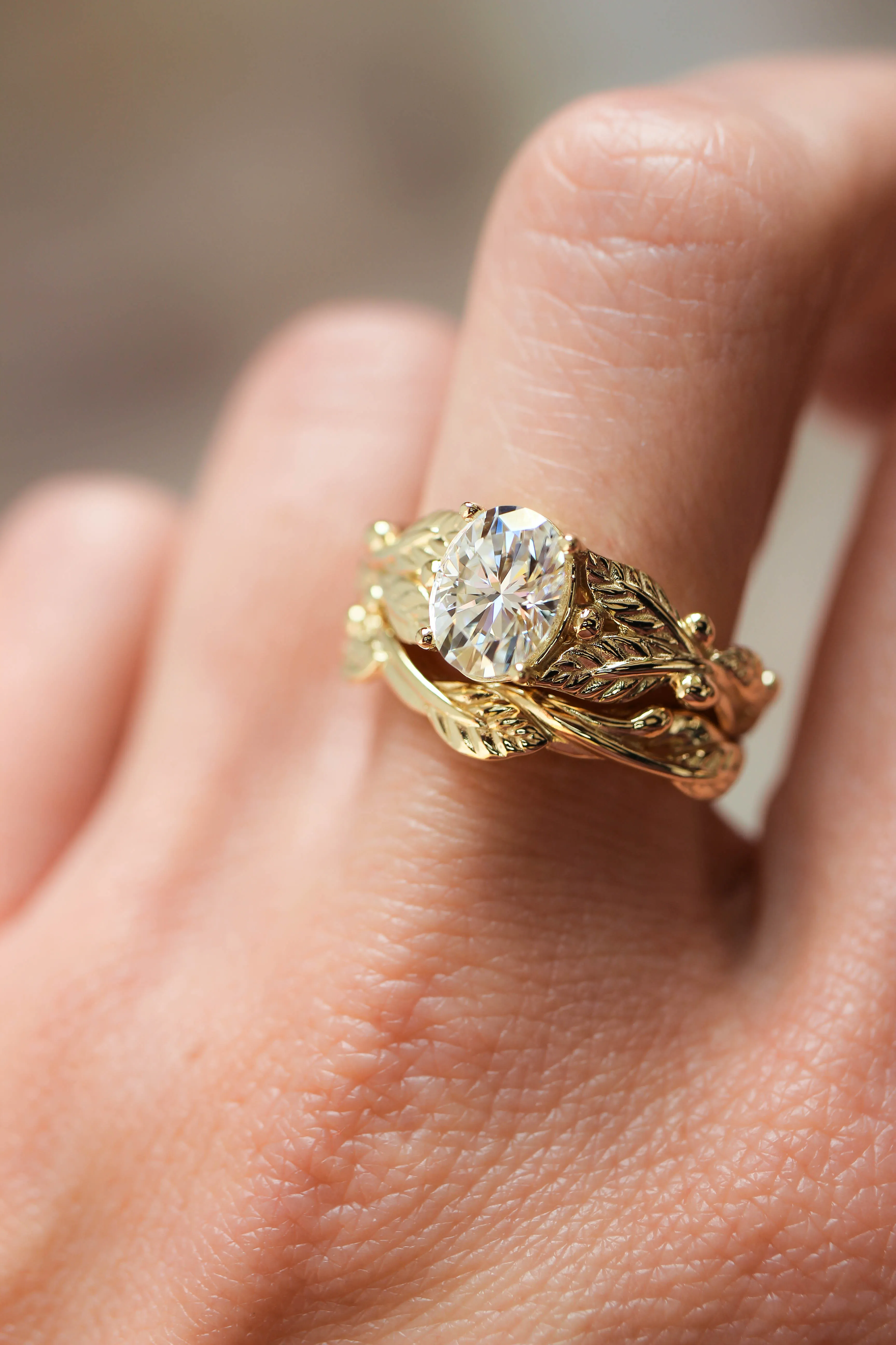 Bridal ring set with oval moissanite, gold leaf engagement and wedding rings / Cornus