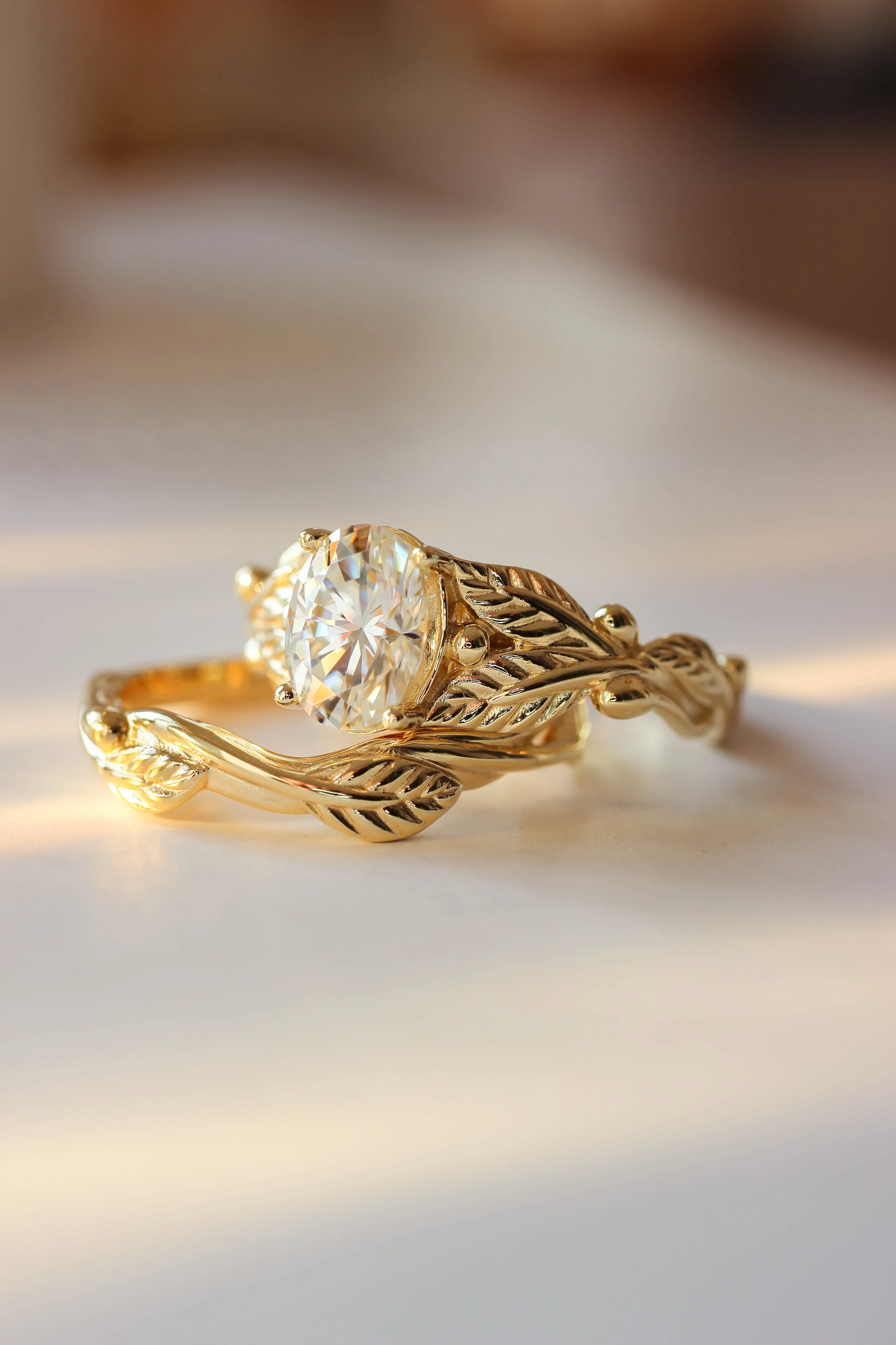 Bridal ring set with oval moissanite, gold leaf engagement and wedding rings / Cornus