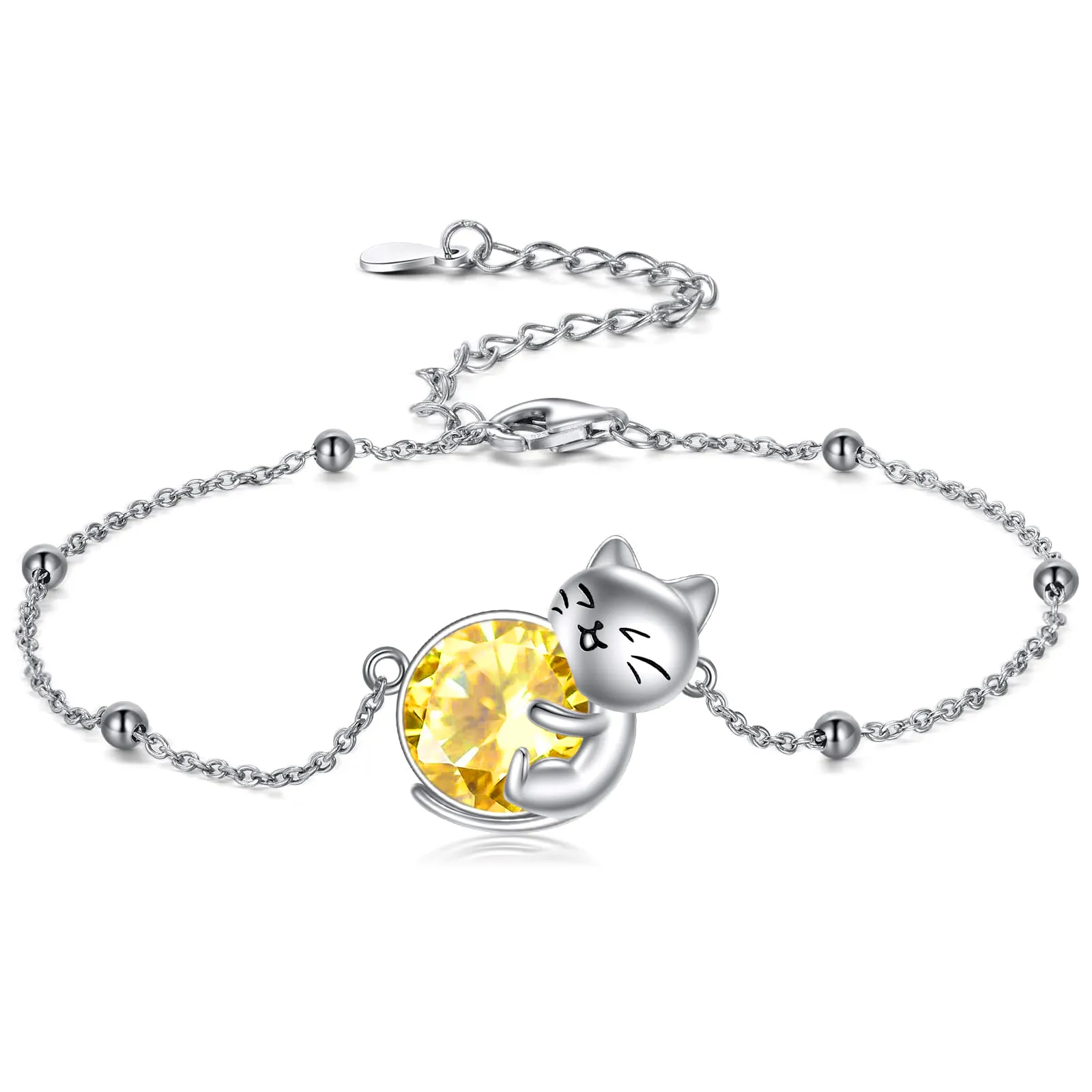 Cat Bracelet/ Anklet With Birthstone 925 Sterling Silver Cat  Gift For Women Daughter Mother