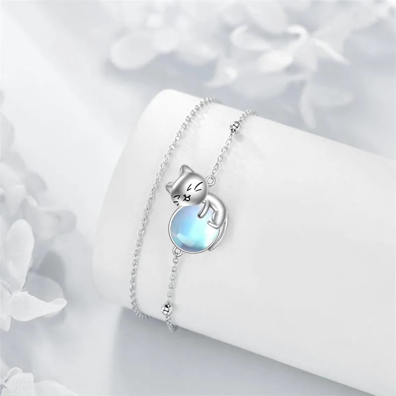 Cat Bracelet/ Anklet With Birthstone 925 Sterling Silver Cat  Gift For Women Daughter Mother