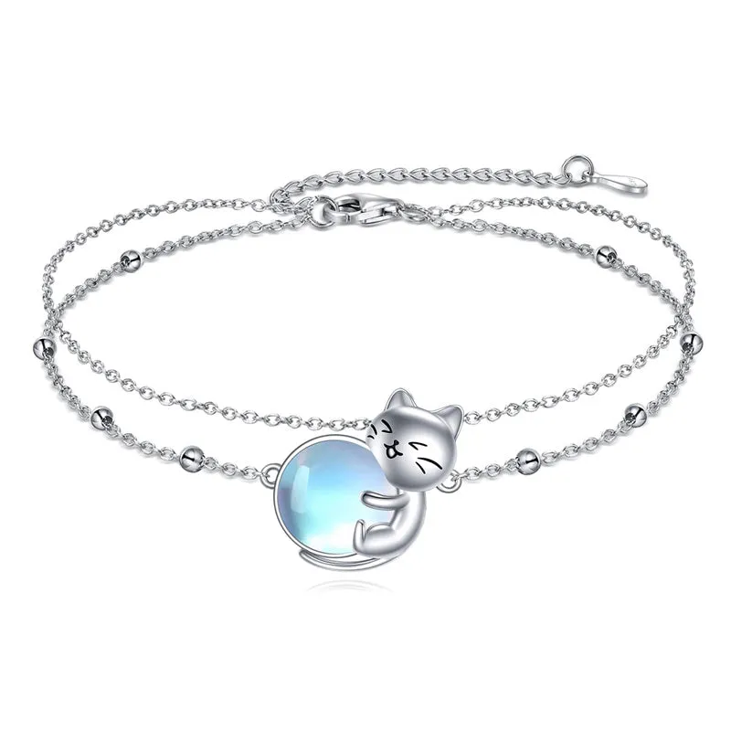 Cat Bracelet/ Anklet With Birthstone 925 Sterling Silver Cat  Gift For Women Daughter Mother