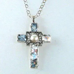 Christian Cross pendant, Sterling Silver Hammered cross, Cross Roman Glass and Gemstones