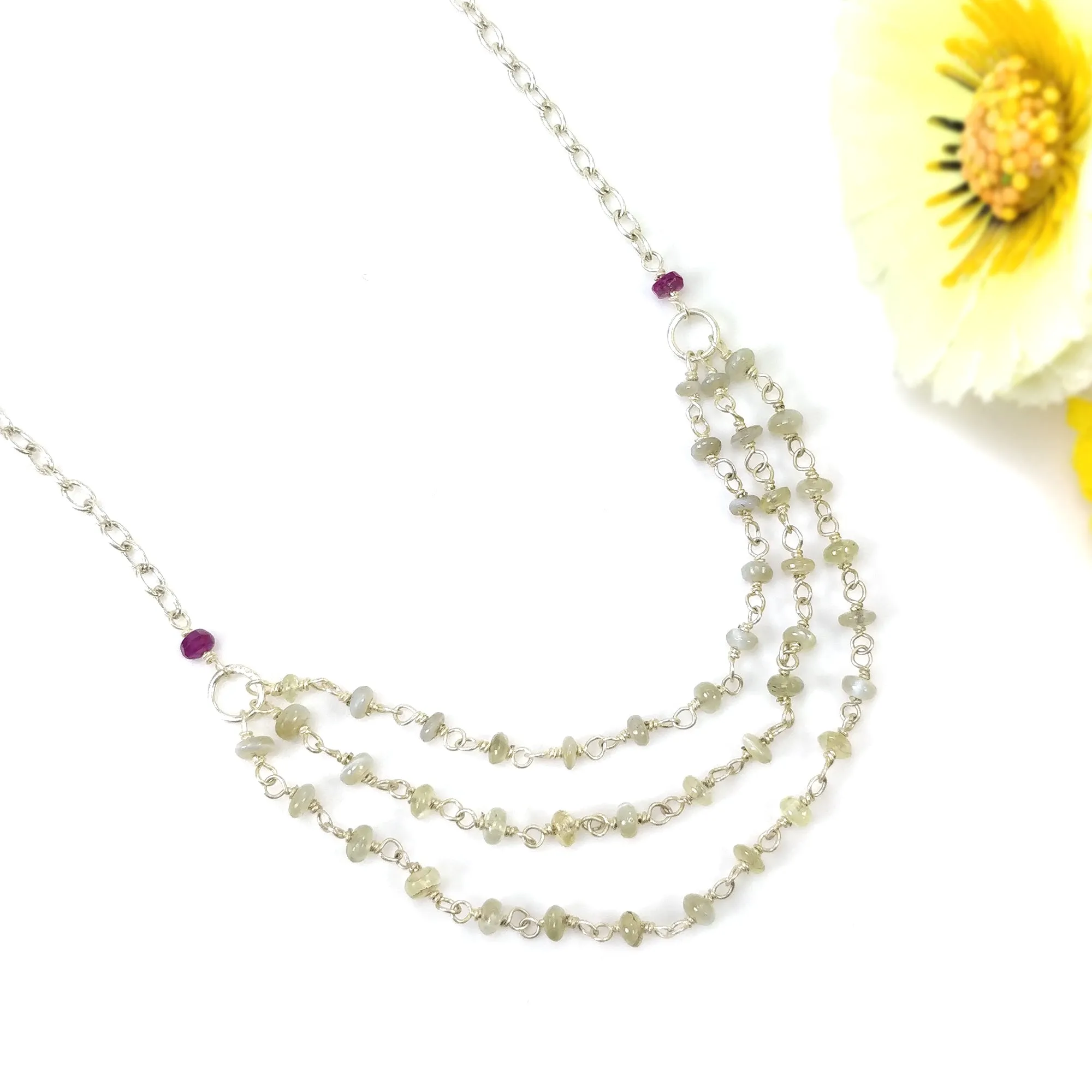 Chrysoberyl Cat's Eye And Ruby Beads NECKLACE : 27.65cts Natural Untreated With 925 Sterling Silver 3mm - 3.5mm 19"