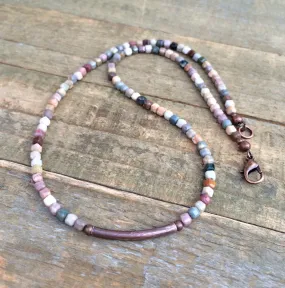 Colorful Agate Cube Necklace with Copper Czech Seed Beads