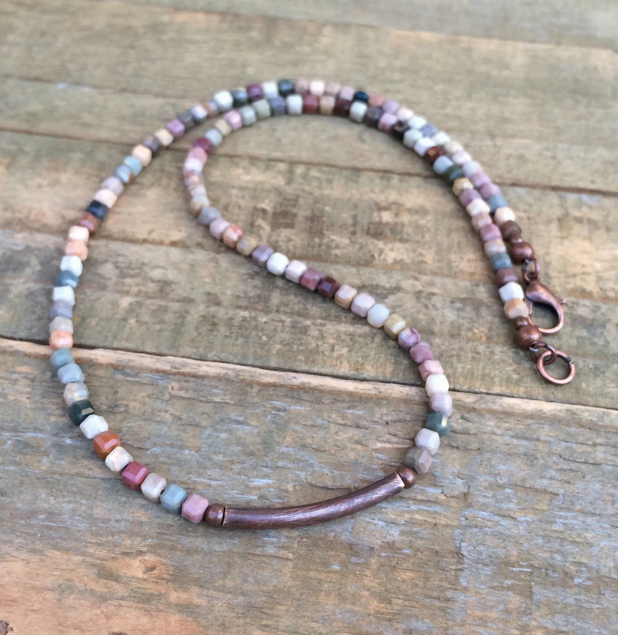 Colorful Agate Cube Necklace with Copper Czech Seed Beads