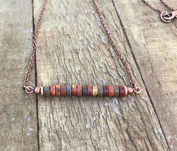 Colorful Red Creek Jasper Bar Pendant Necklace