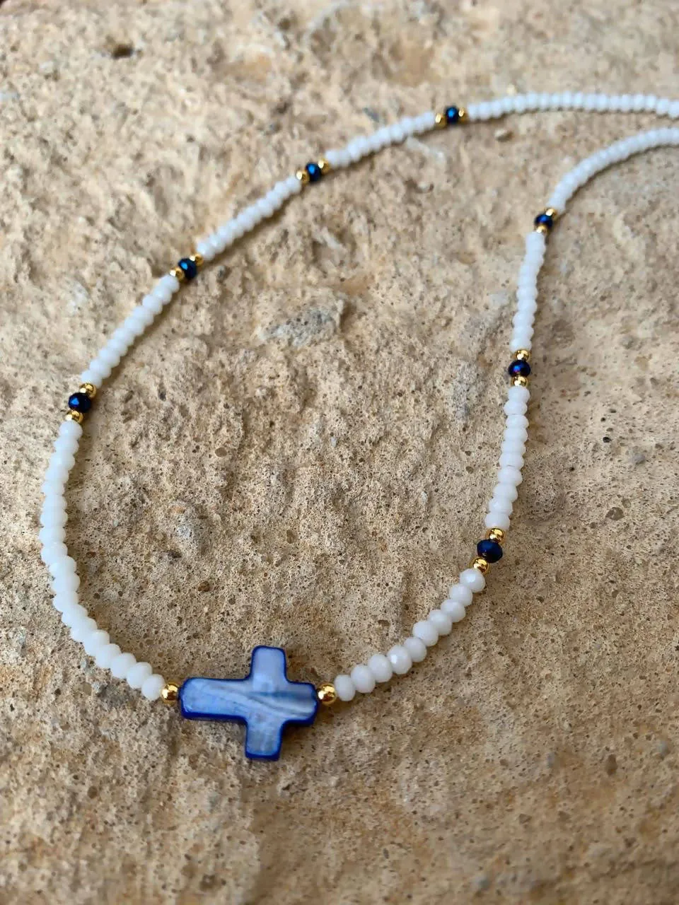 Cross white crystal choker