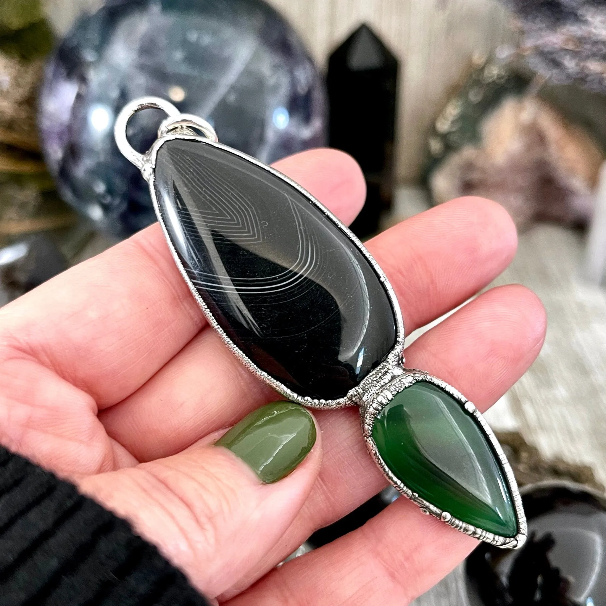 Crystal Teardrop Black Agate and Green Agate Necklace  / Gothic Jewelry