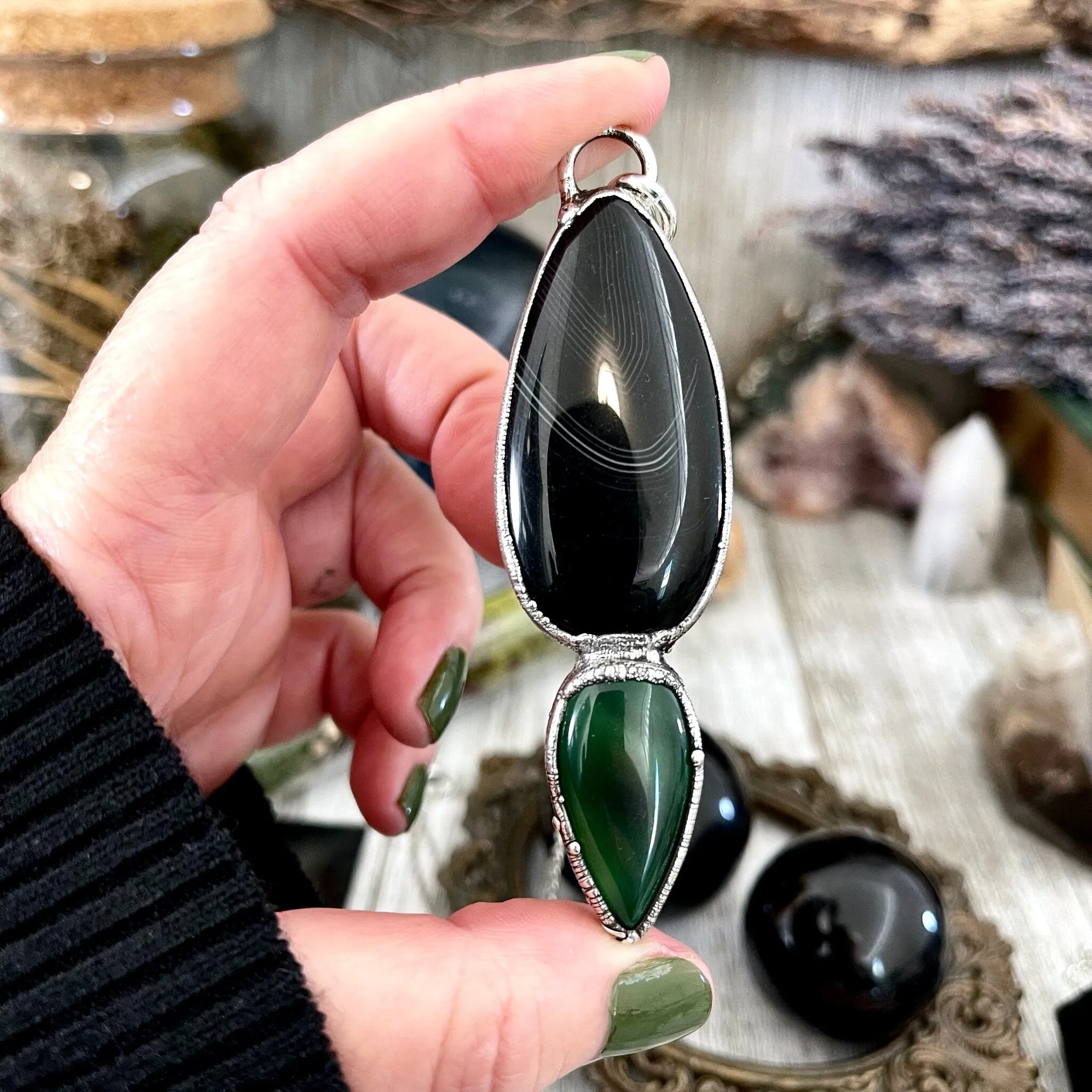 Crystal Teardrop Black Agate and Green Agate Necklace  / Gothic Jewelry