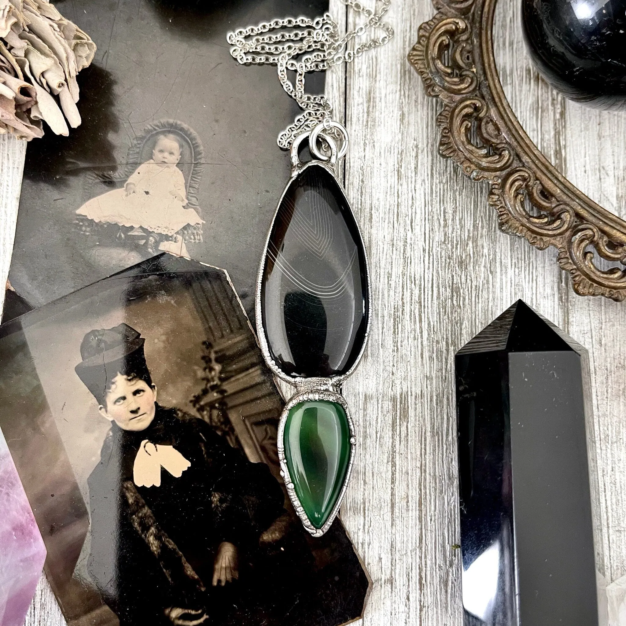 Crystal Teardrop Black Agate and Green Agate Necklace  / Gothic Jewelry