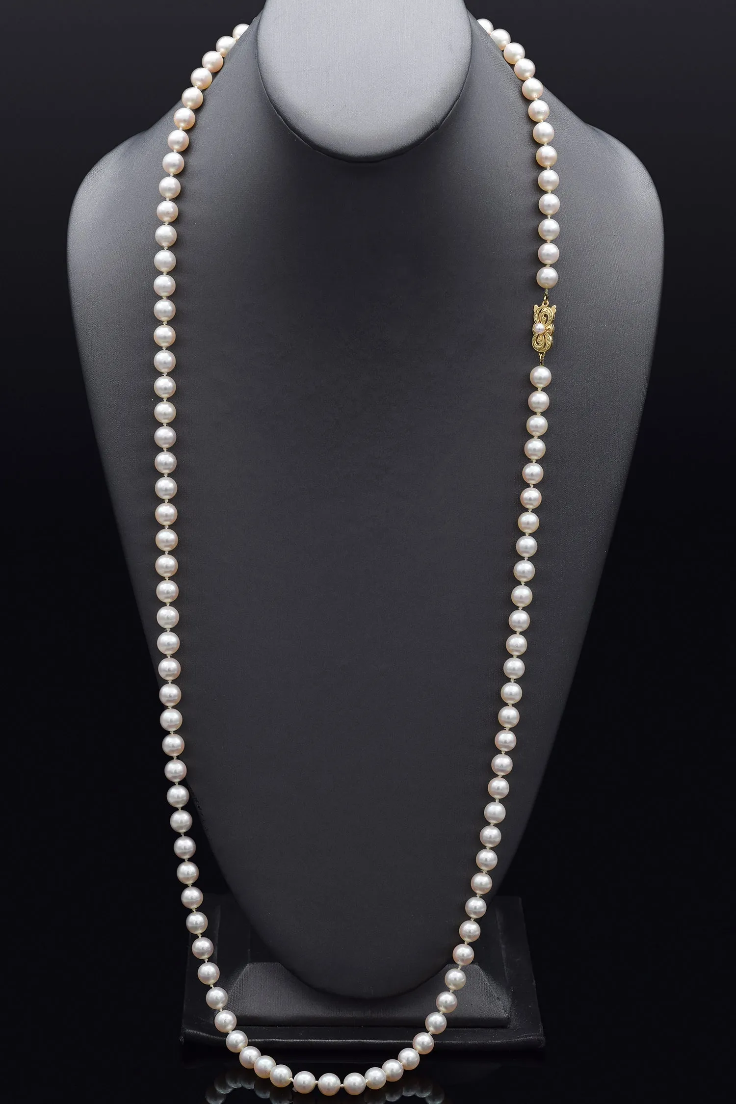 Estate Mikimoto 7.5-8.0 mm Pearl 18K Yellow Gold Beaded Strand Necklace 36Inches