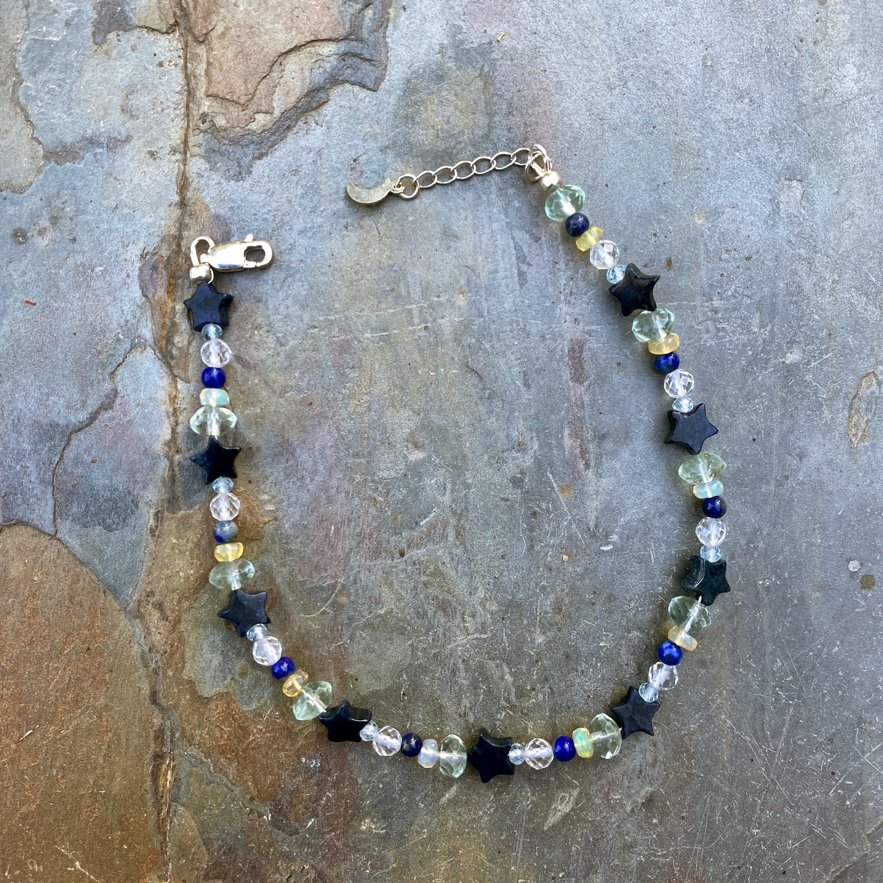 Ethiopian Opal gemstone (white and yellow), Lapis Lazuli Topaz, Fluorite & Dumortierite star anklet