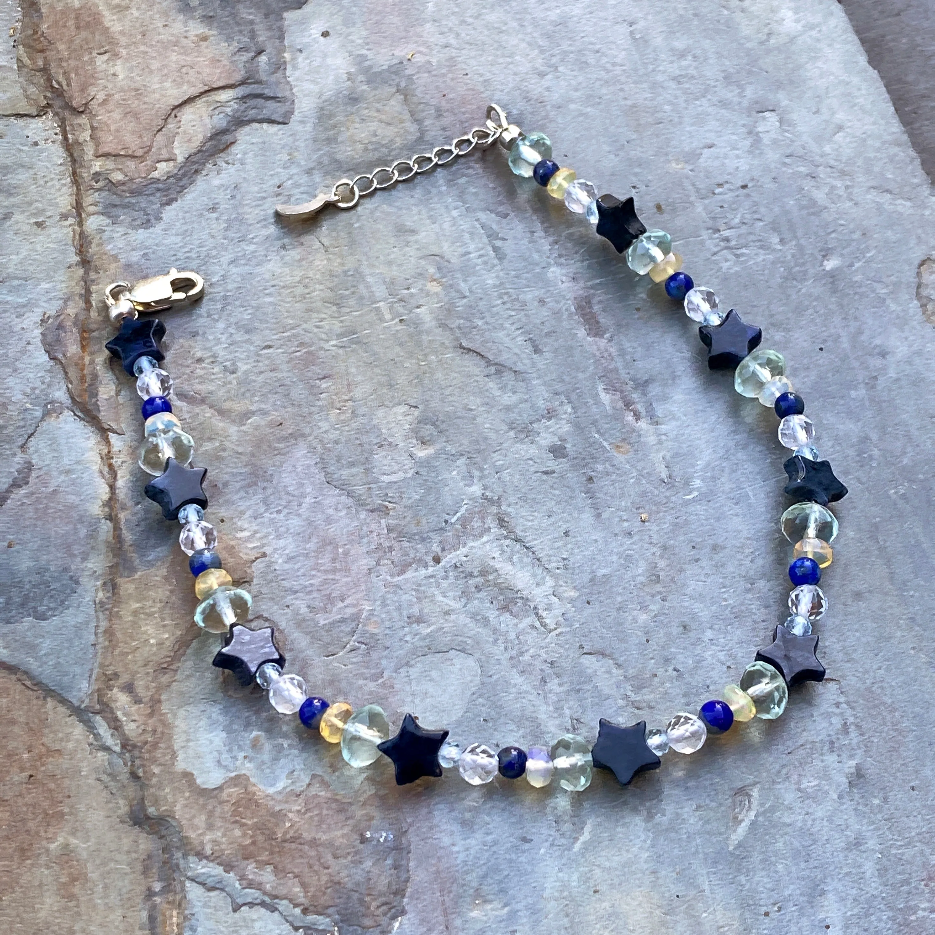 Ethiopian Opal gemstone (white and yellow), Lapis Lazuli Topaz, Fluorite & Dumortierite star anklet