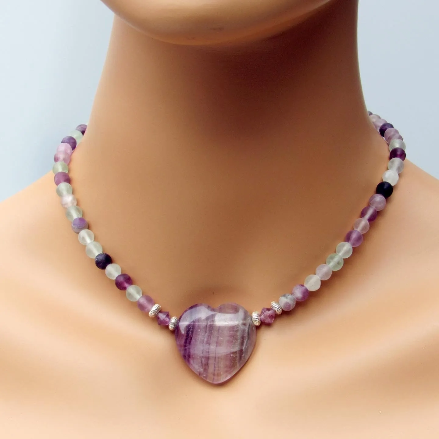 Fluorite gemstone Heart and Beads with Sterling Silver Choker