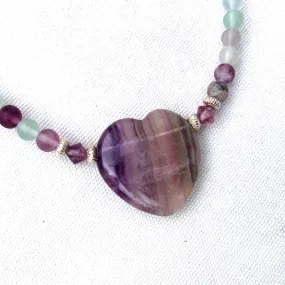 Fluorite gemstone Heart and Beads with Sterling Silver Choker