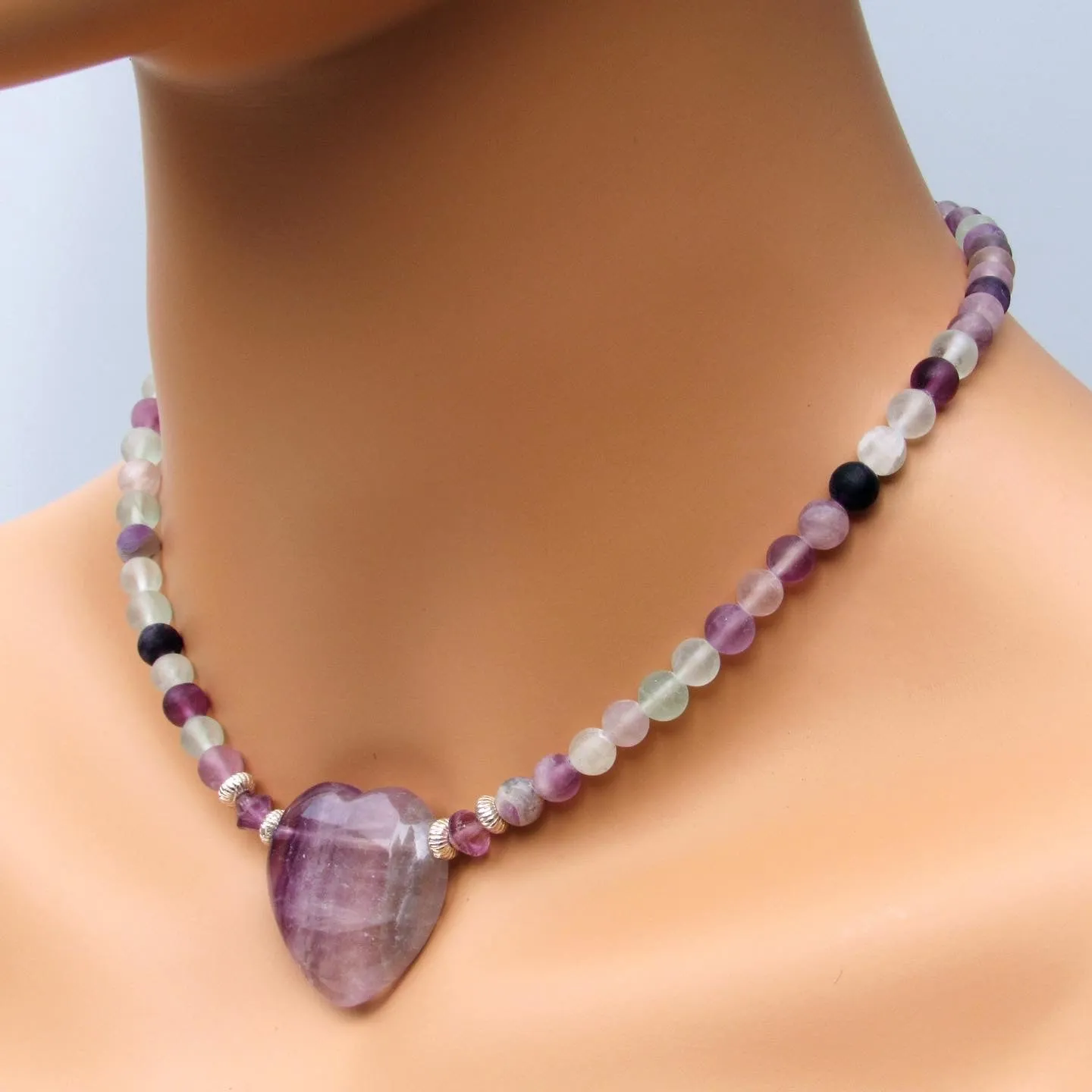 Fluorite gemstone Heart and Beads with Sterling Silver Choker