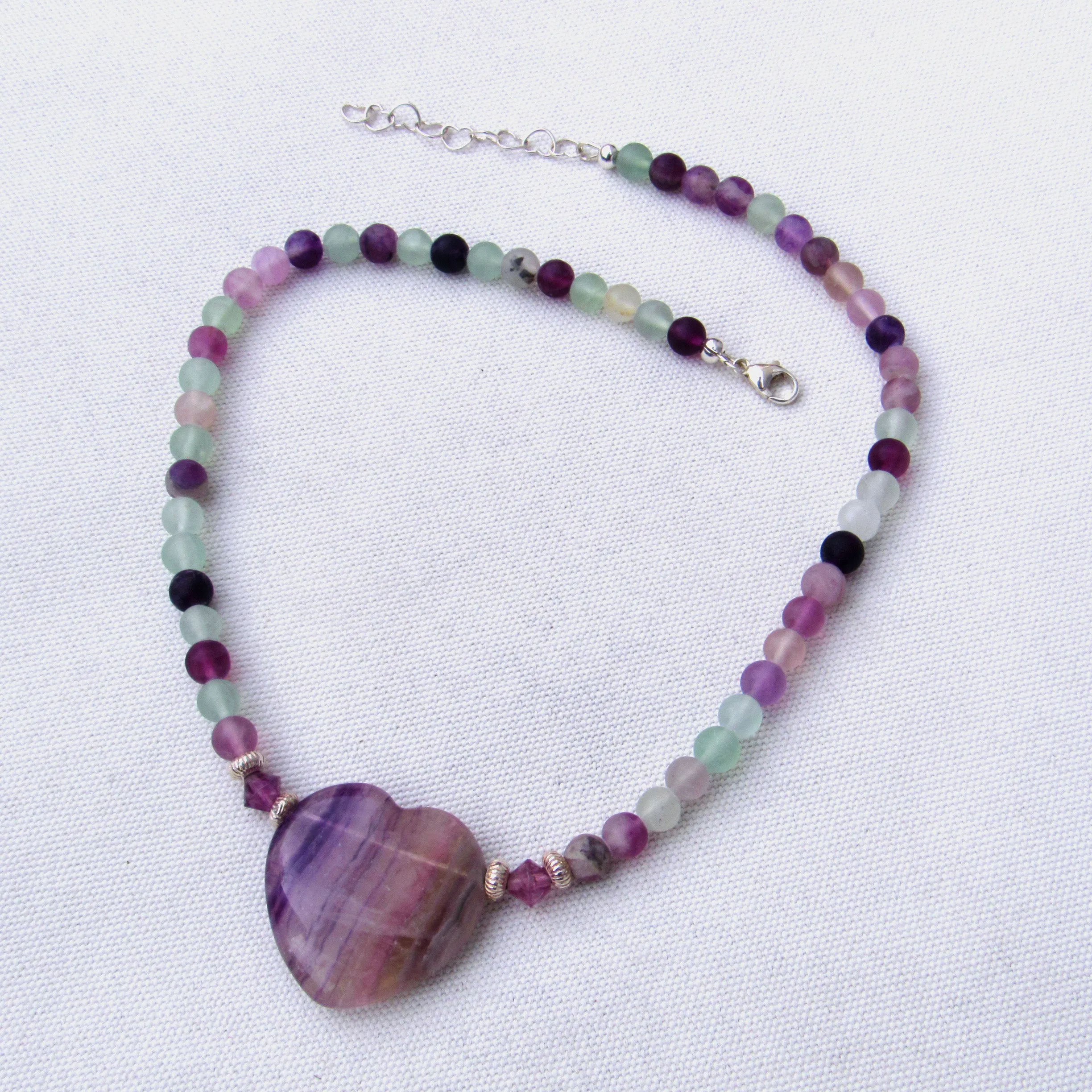 Fluorite gemstone Heart and Beads with Sterling Silver Choker