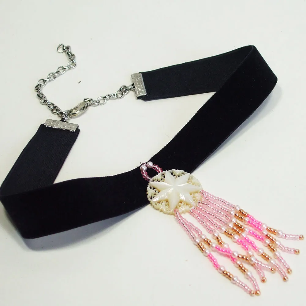 Gema, Star Filigree Fringe, Ribbon Choker, Necklace