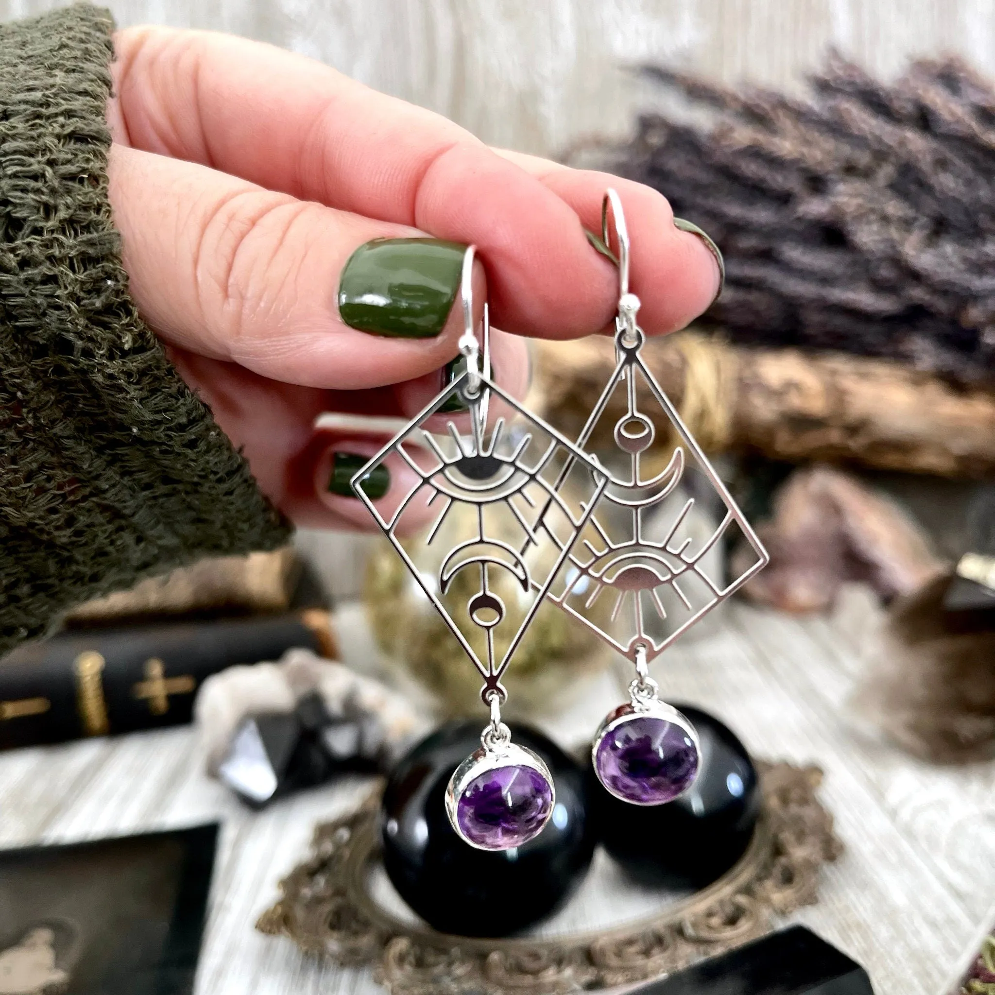 Geometric Eye and Amethyst Sterling Silver & Stainless Steel Earrings /