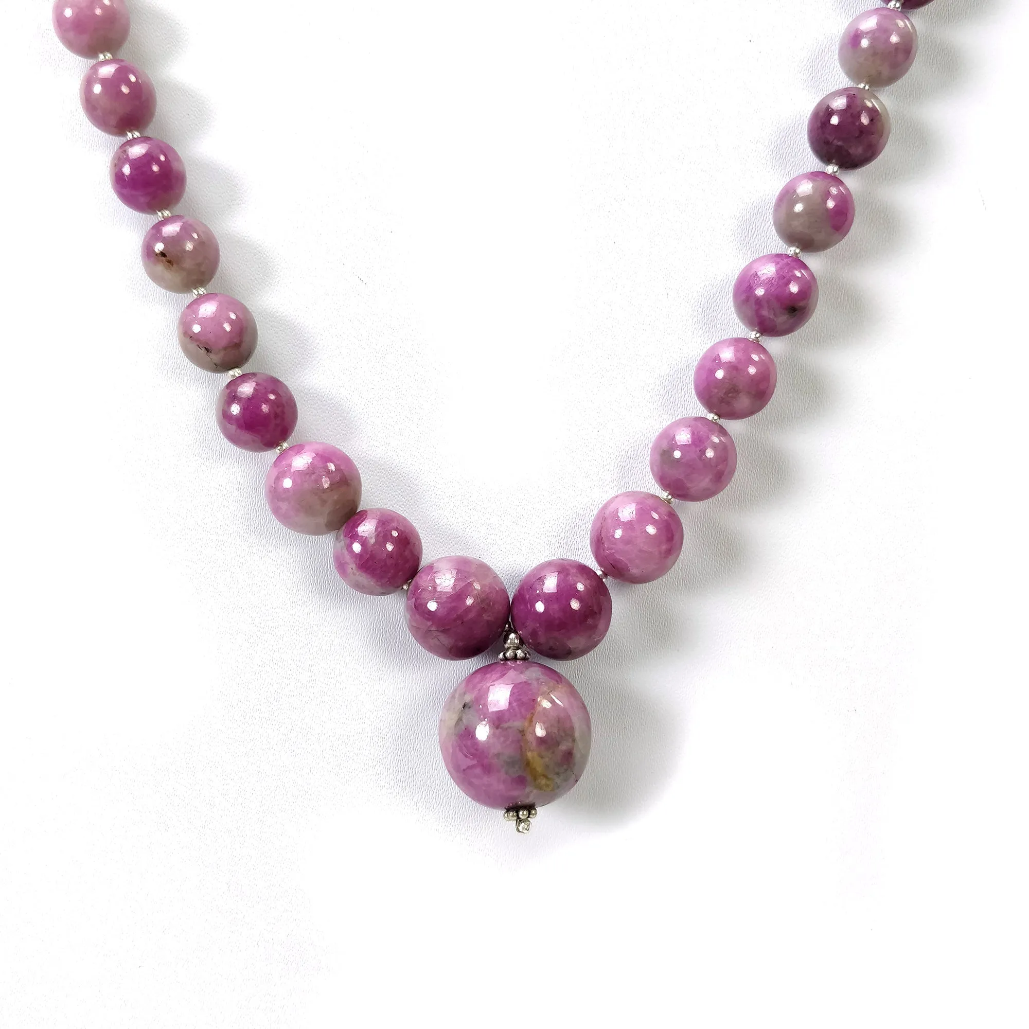 Global RUBY Gemstone NECKLACE: 446.80cts Natural Untreated Bi-Color Zoisite Ruby Balls 925 Sterling Silver 8mm - 19mm 20"