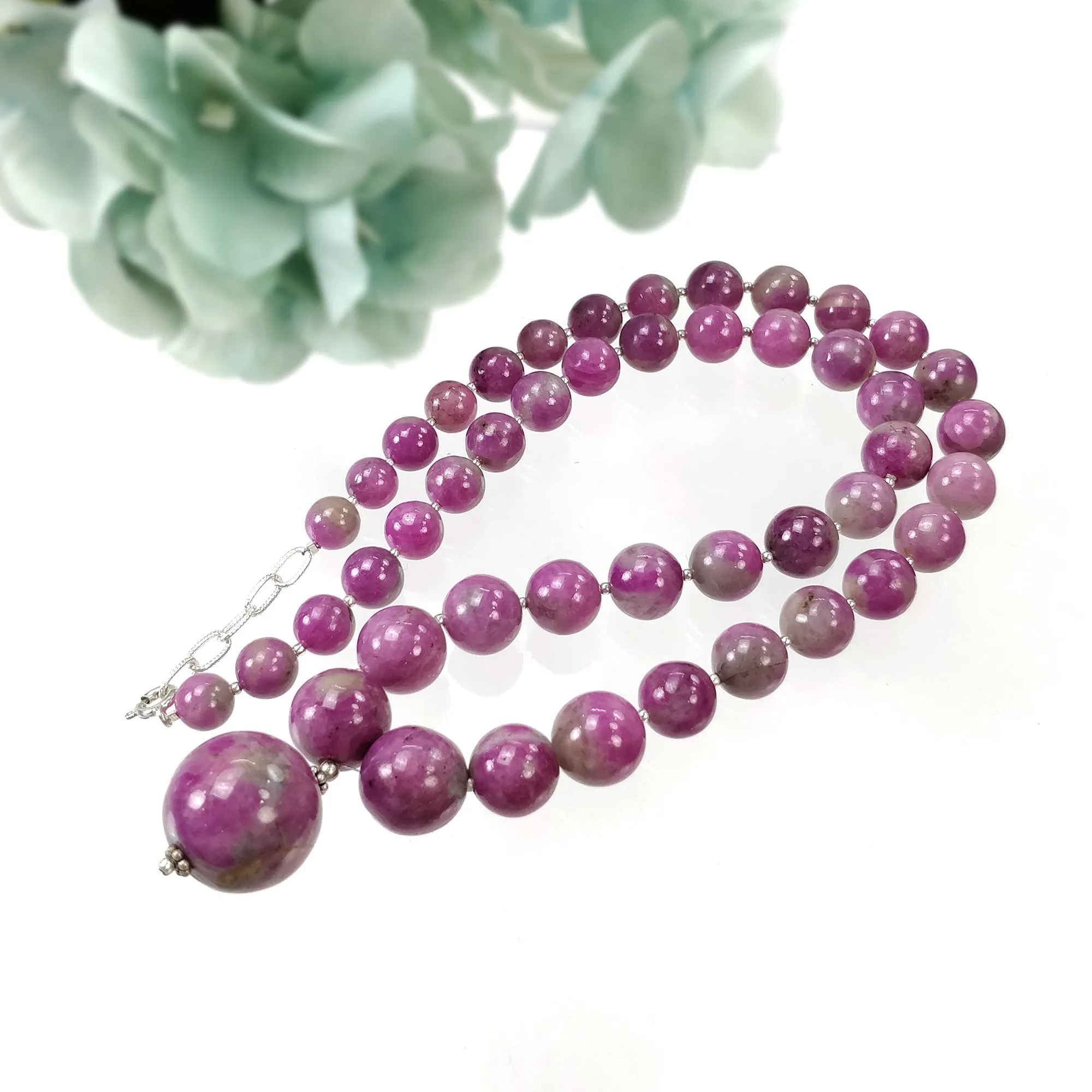 Global RUBY Gemstone NECKLACE: 446.80cts Natural Untreated Bi-Color Zoisite Ruby Balls 925 Sterling Silver 8mm - 19mm 20"