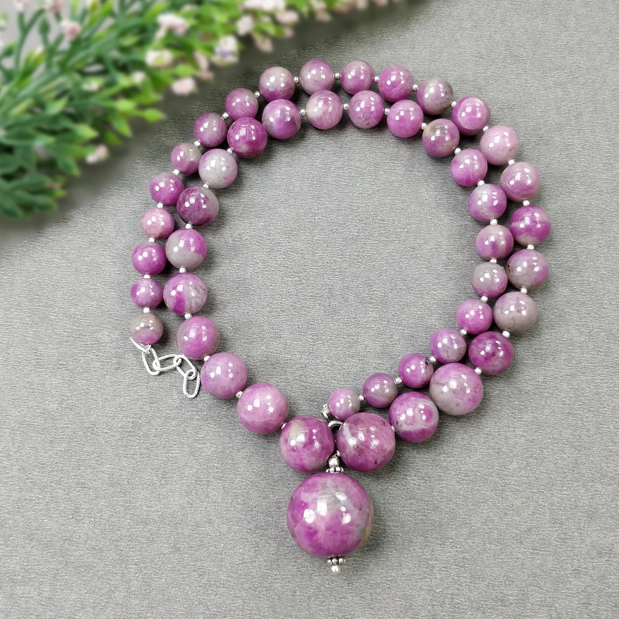 Global RUBY Gemstone NECKLACE: 446.80cts Natural Untreated Bi-Color Zoisite Ruby Balls 925 Sterling Silver 8mm - 19mm 20"