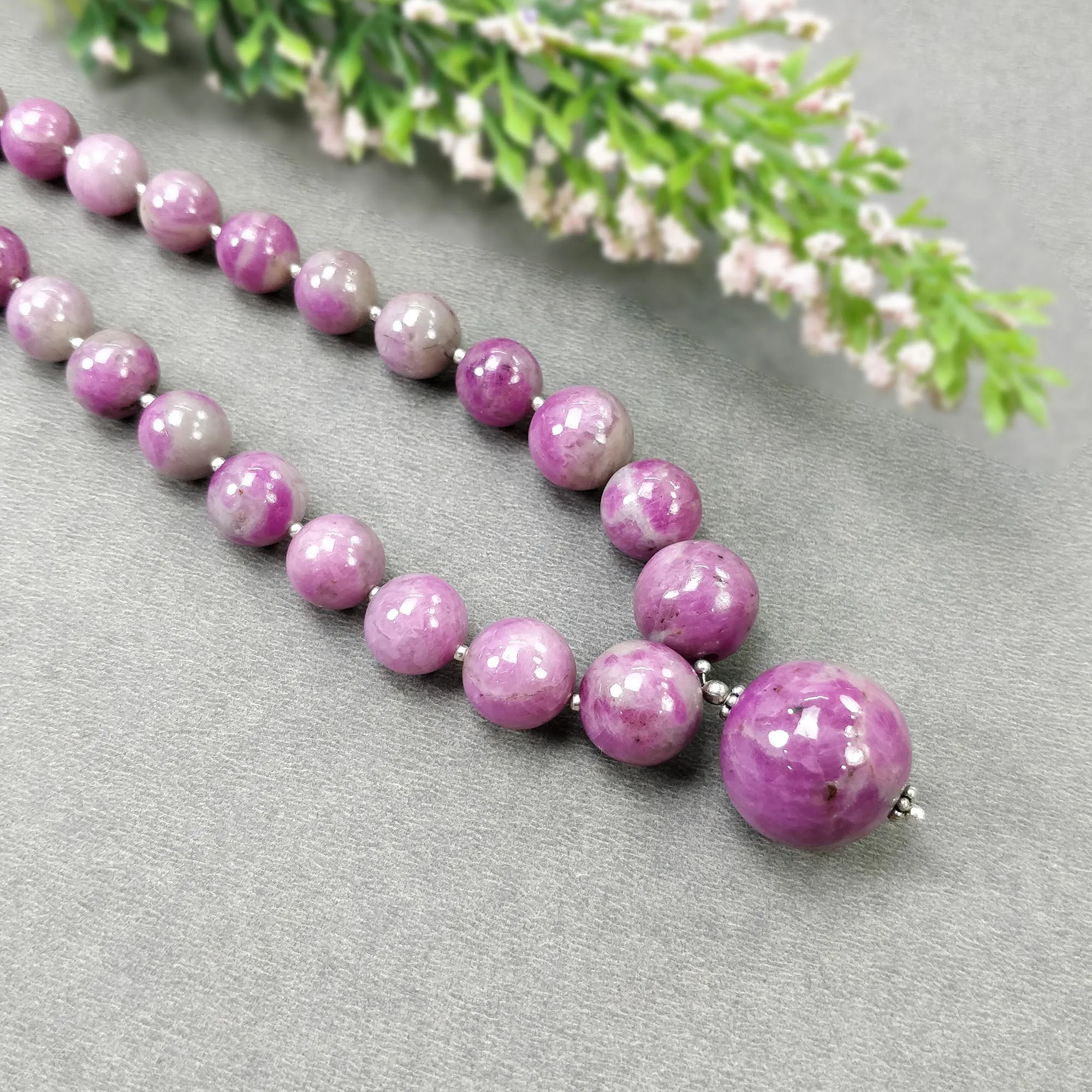 Global RUBY Gemstone NECKLACE: 446.80cts Natural Untreated Bi-Color Zoisite Ruby Balls 925 Sterling Silver 8mm - 19mm 20"