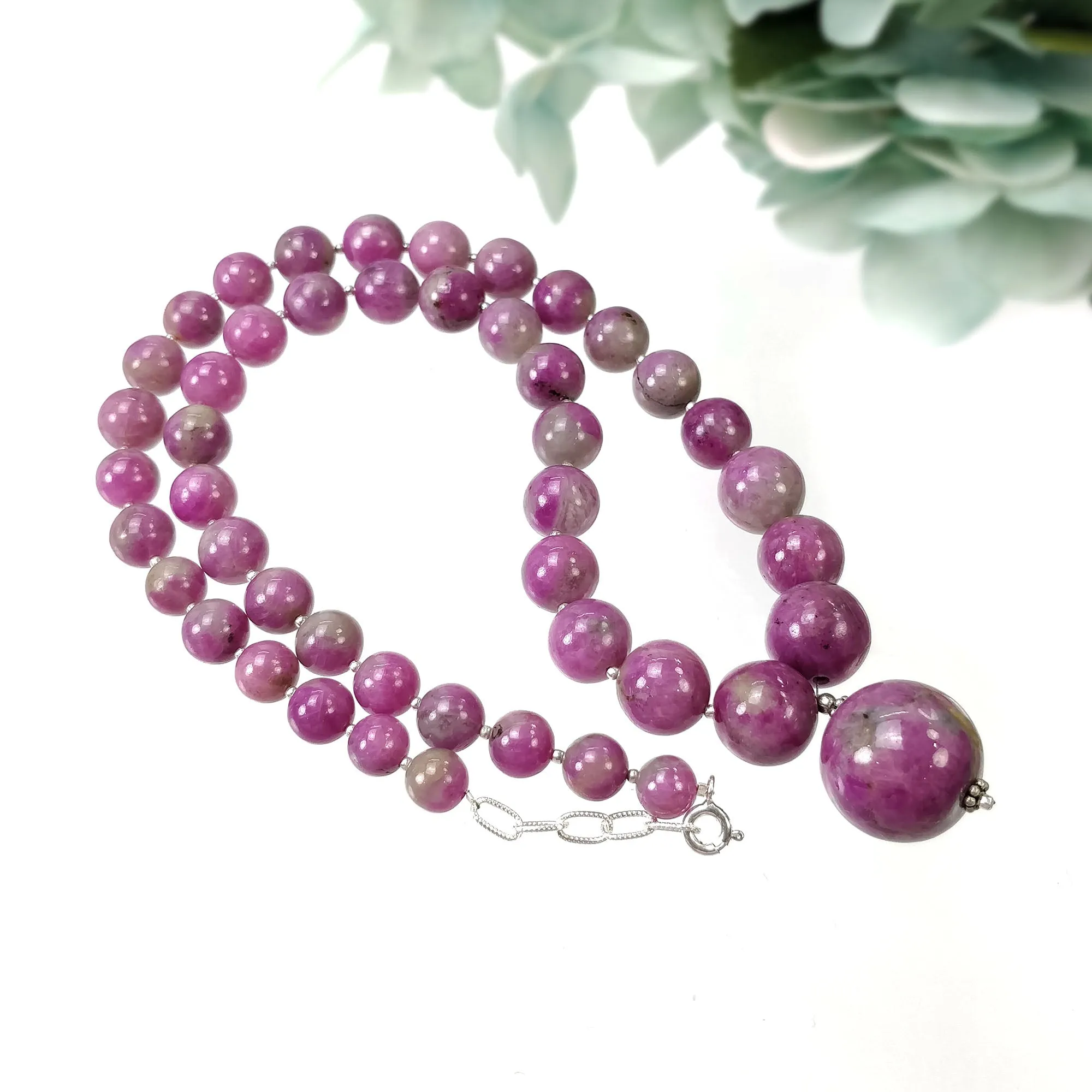 Global RUBY Gemstone NECKLACE: 446.80cts Natural Untreated Bi-Color Zoisite Ruby Balls 925 Sterling Silver 8mm - 19mm 20"