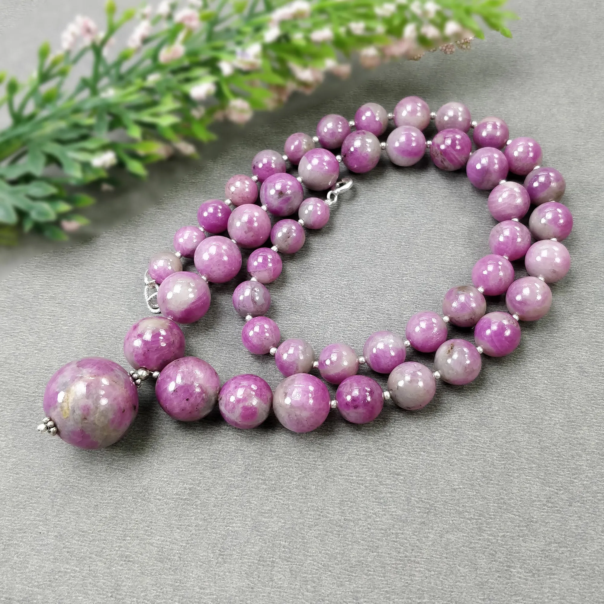 Global RUBY Gemstone NECKLACE: 446.80cts Natural Untreated Bi-Color Zoisite Ruby Balls 925 Sterling Silver 8mm - 19mm 20"