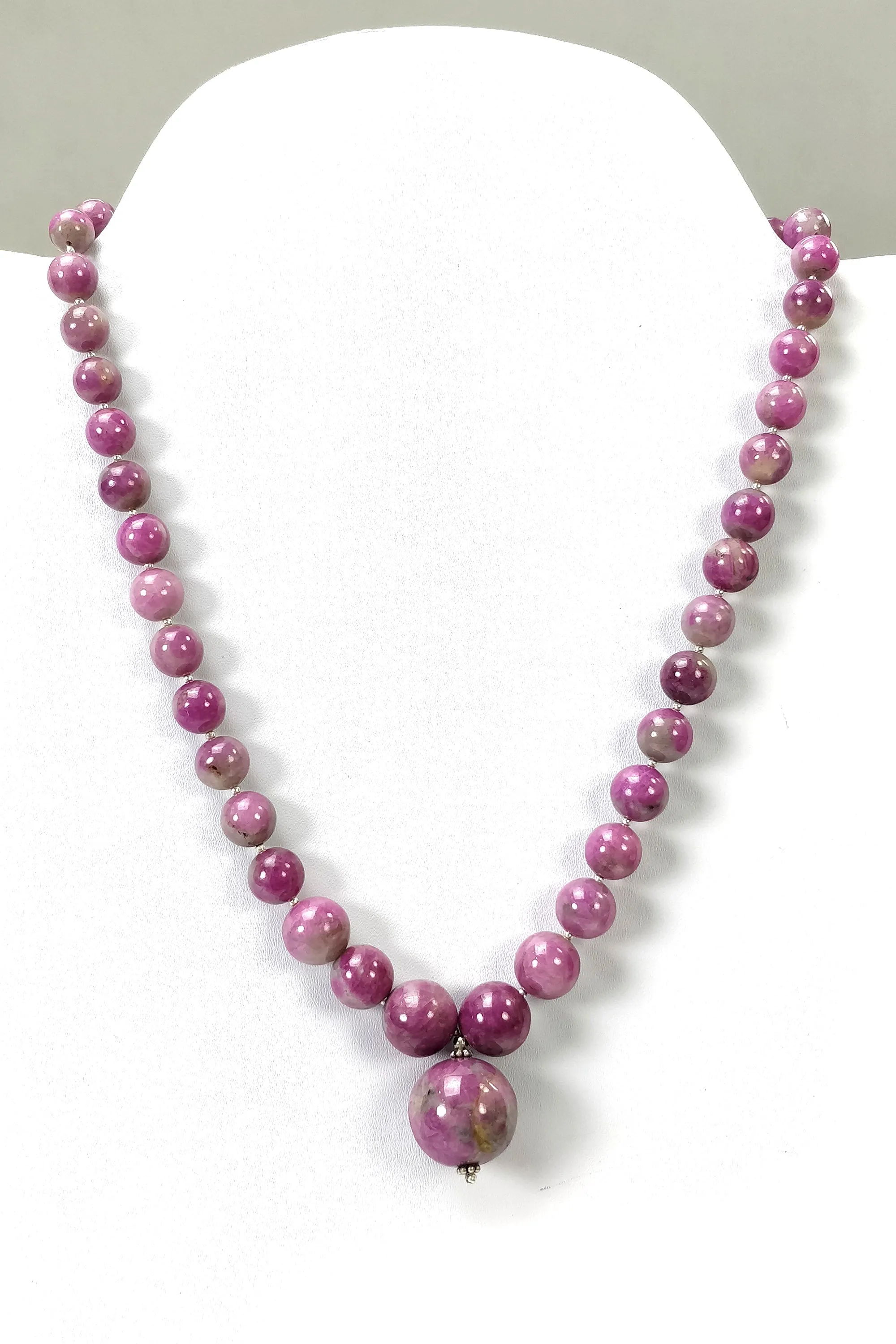 Global RUBY Gemstone NECKLACE: 446.80cts Natural Untreated Bi-Color Zoisite Ruby Balls 925 Sterling Silver 8mm - 19mm 20"