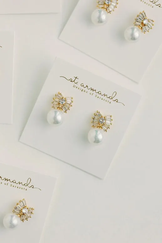 Gold Pearl Sparkler Statement Bow Earrings