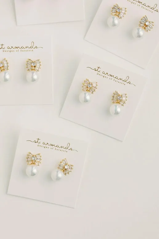 Gold Pearl Sparkler Statement Bow Earrings