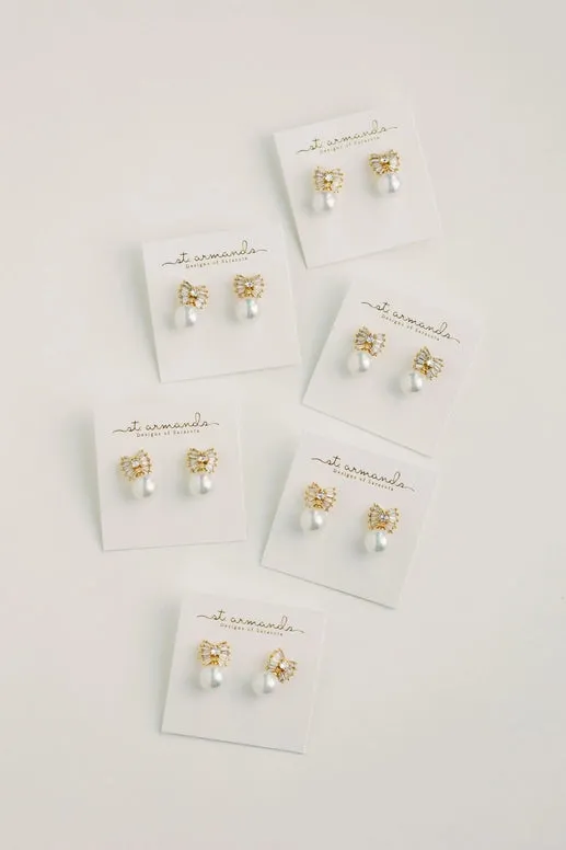 Gold Pearl Sparkler Statement Bow Earrings