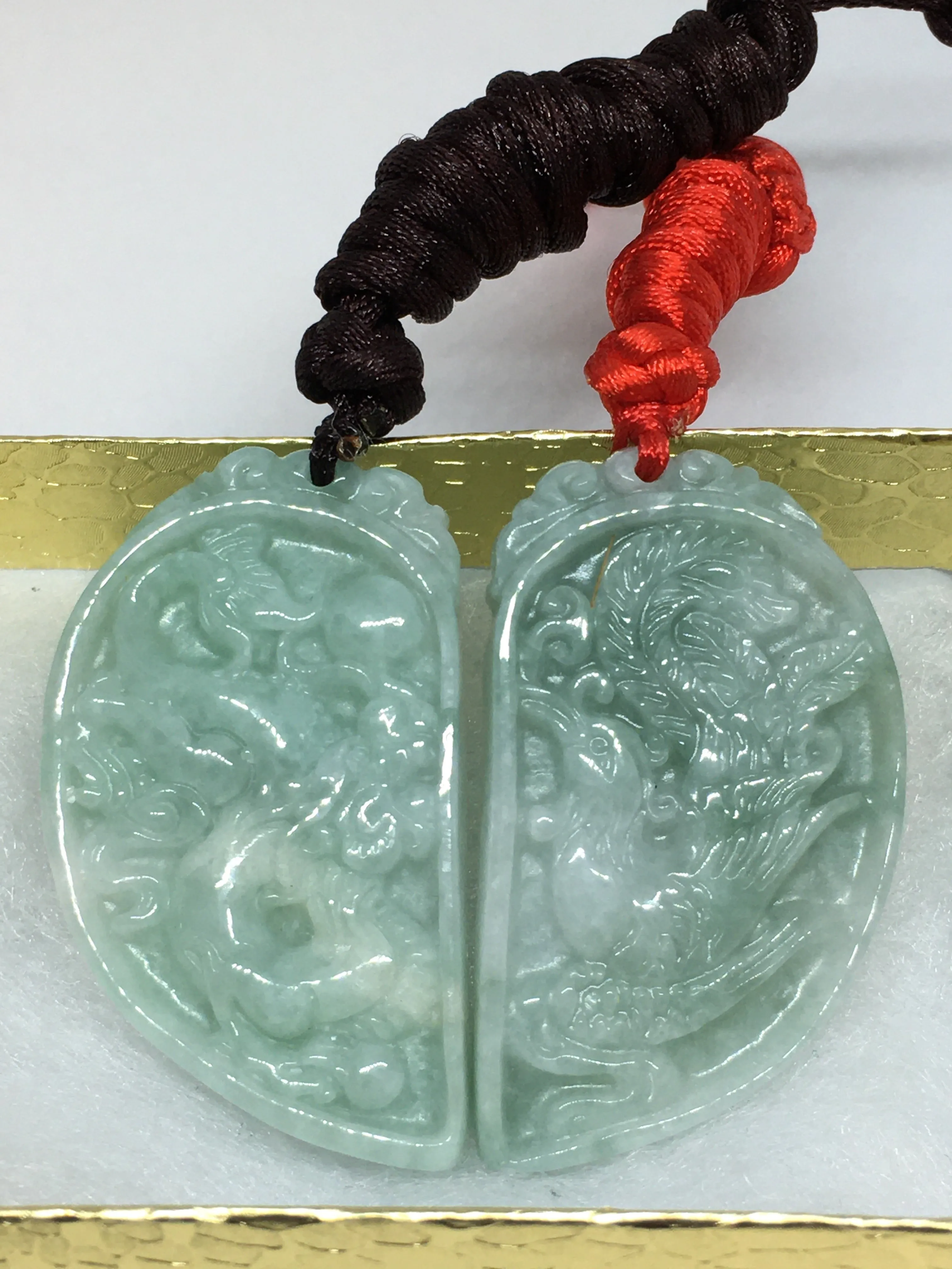 Gorgeous Natural Jadeite Jade Pair Pendant Necklace with Dragon & Phoenix Carving