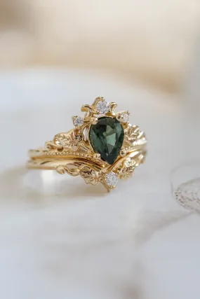 Green sapphire engagement ring set, tiara ring with diamonds / Ariadne