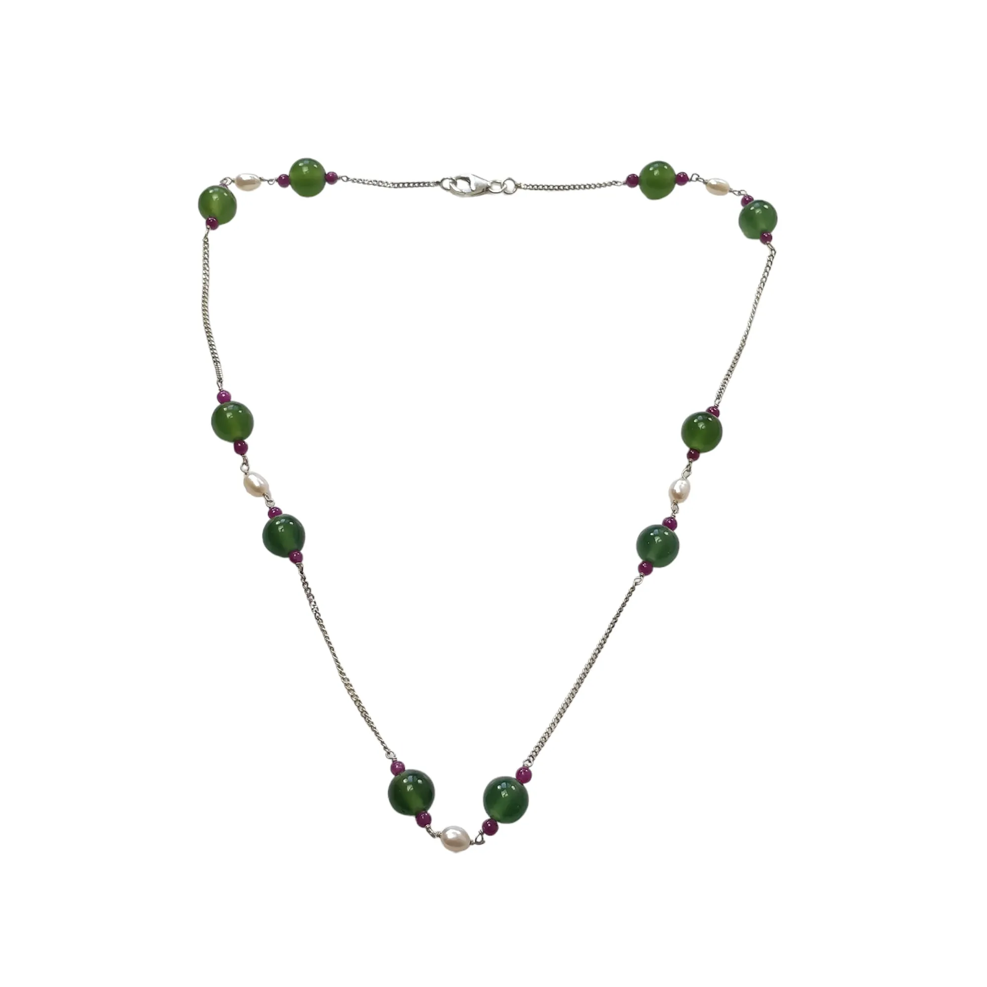 Green Serpentine & White Pearl Gemstones Beads Chain NECKLACE : 13.71gms 925 Sterling Silver Natural Plain Round Beaded Necklace 18"