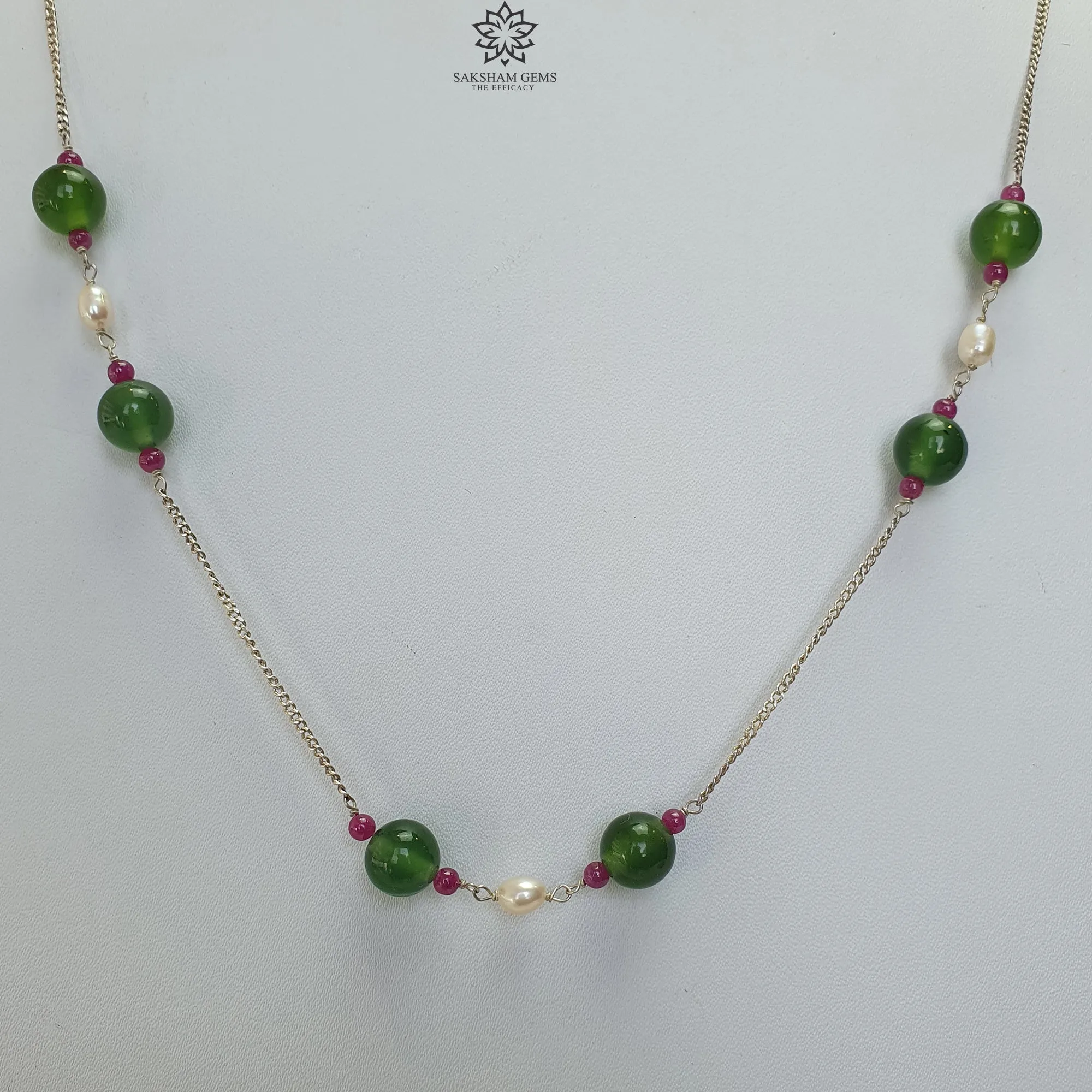 Green Serpentine & White Pearl Gemstones Beads Chain NECKLACE : 13.71gms 925 Sterling Silver Natural Plain Round Beaded Necklace 18"