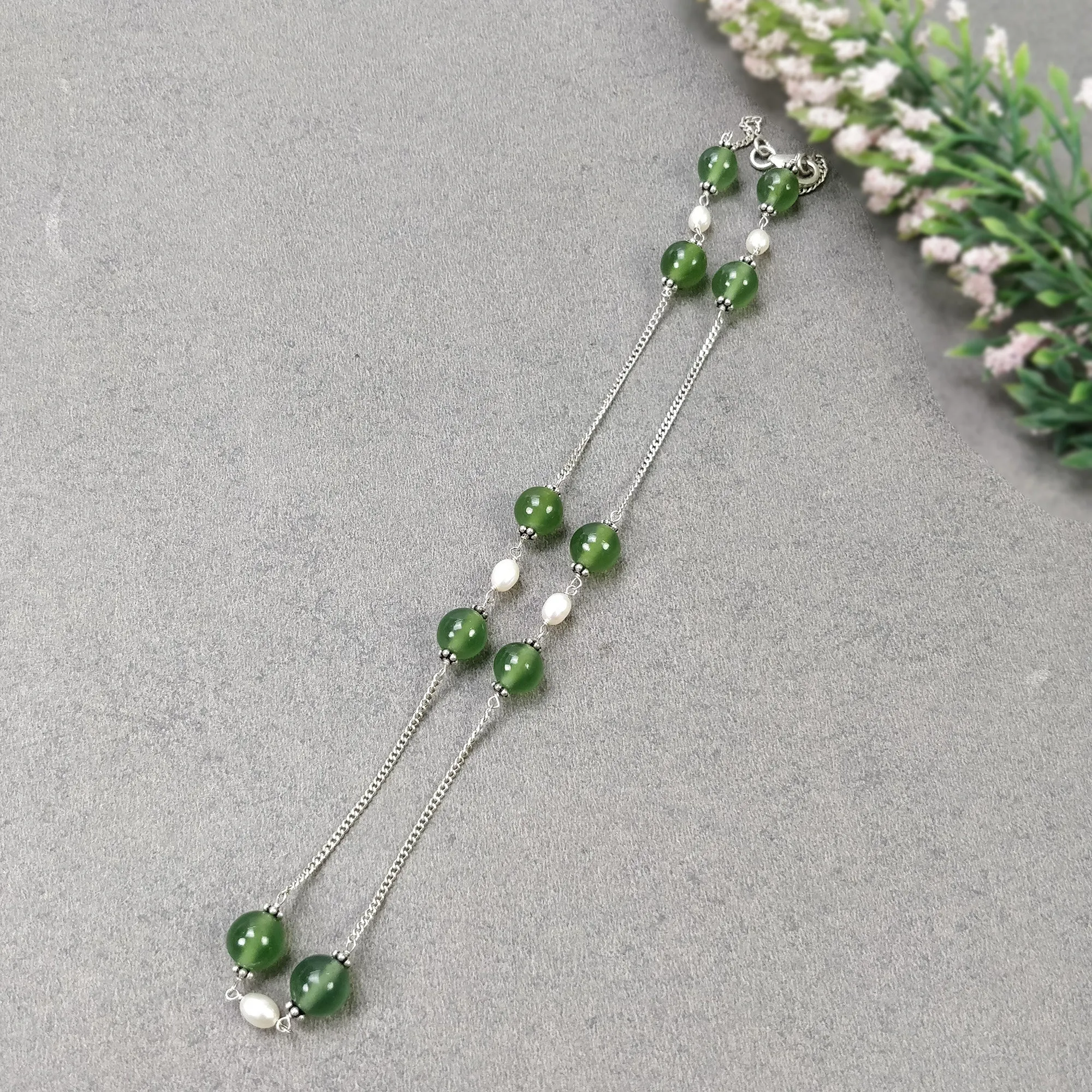 Green SERPENTINE & White PEARL Gemstones Beads Chain NECKLACE : 925 Sterling Silver Natural Serpentine Round Oval 16" Statement Necklace