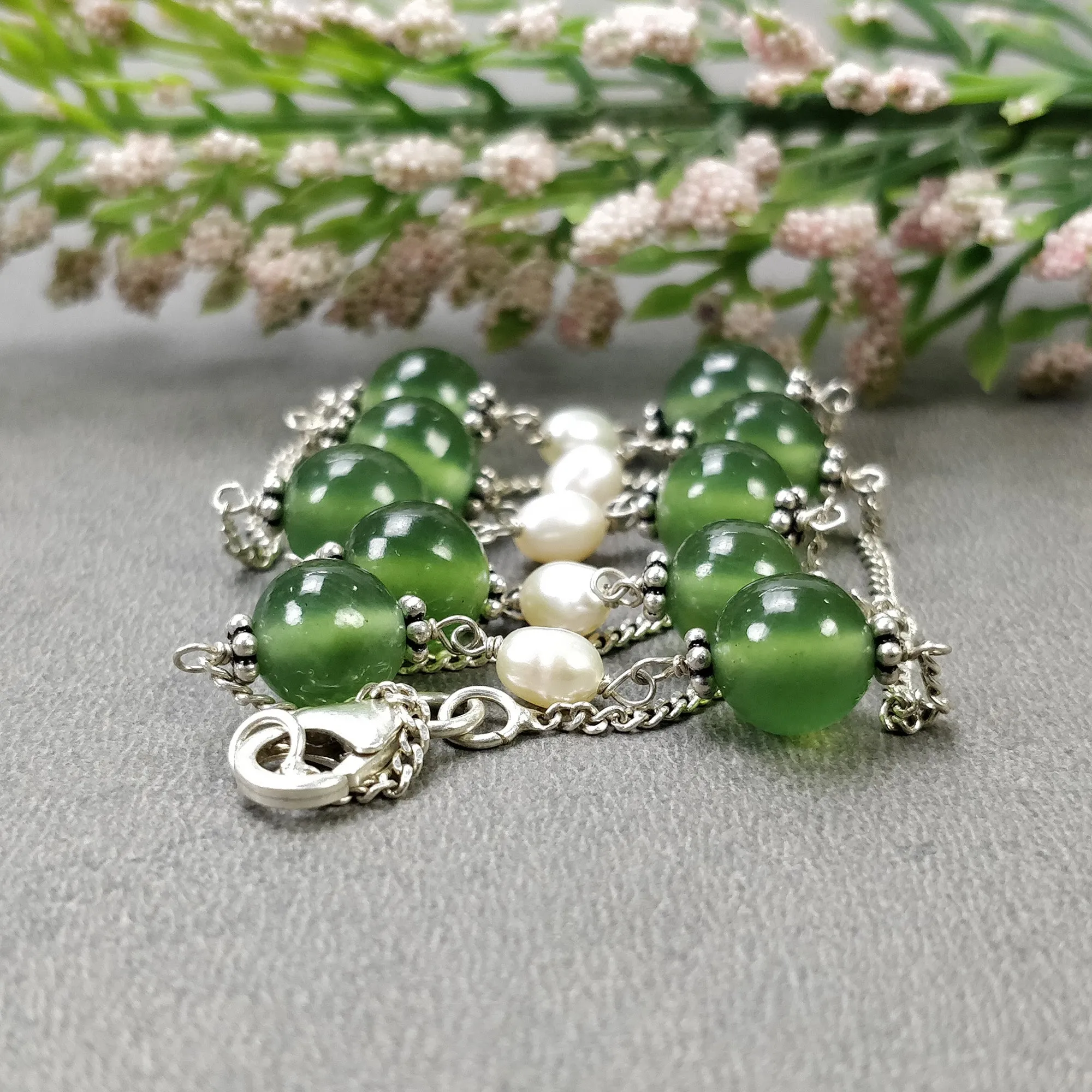 Green SERPENTINE & White PEARL Gemstones Beads Chain NECKLACE : 925 Sterling Silver Natural Serpentine Round Oval 16" Statement Necklace