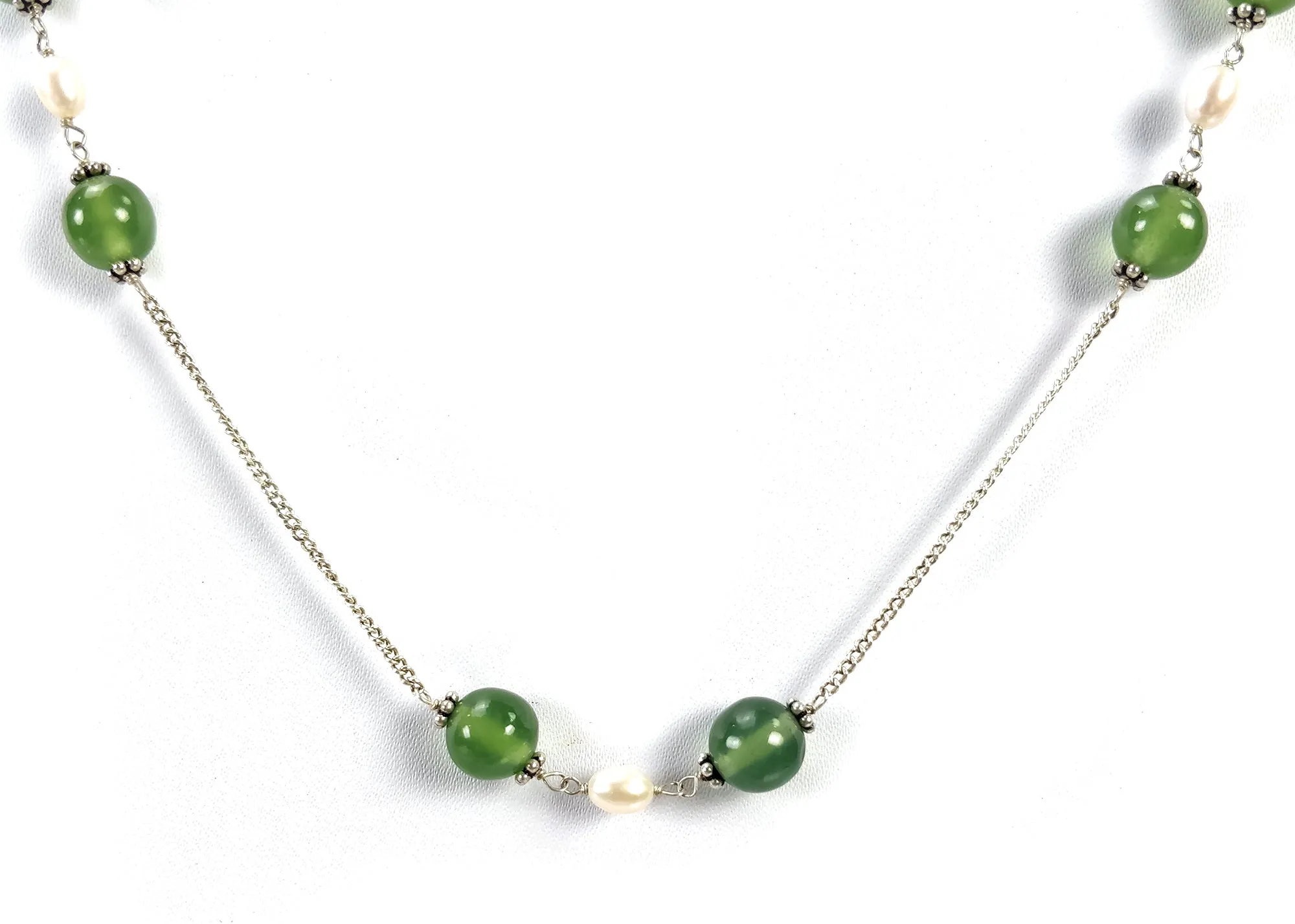 Green SERPENTINE & White PEARL Gemstones Beads Chain NECKLACE : 925 Sterling Silver Natural Serpentine Round Oval 16" Statement Necklace