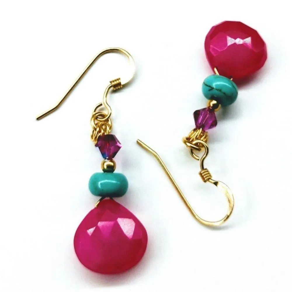 Handcrafted 14K Gold-Filled Gemstone Earrings with Hot Pink Chalcedony and Turquoise