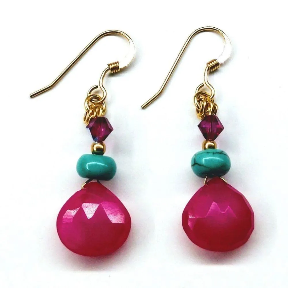 Handcrafted 14K Gold-Filled Gemstone Earrings with Hot Pink Chalcedony and Turquoise