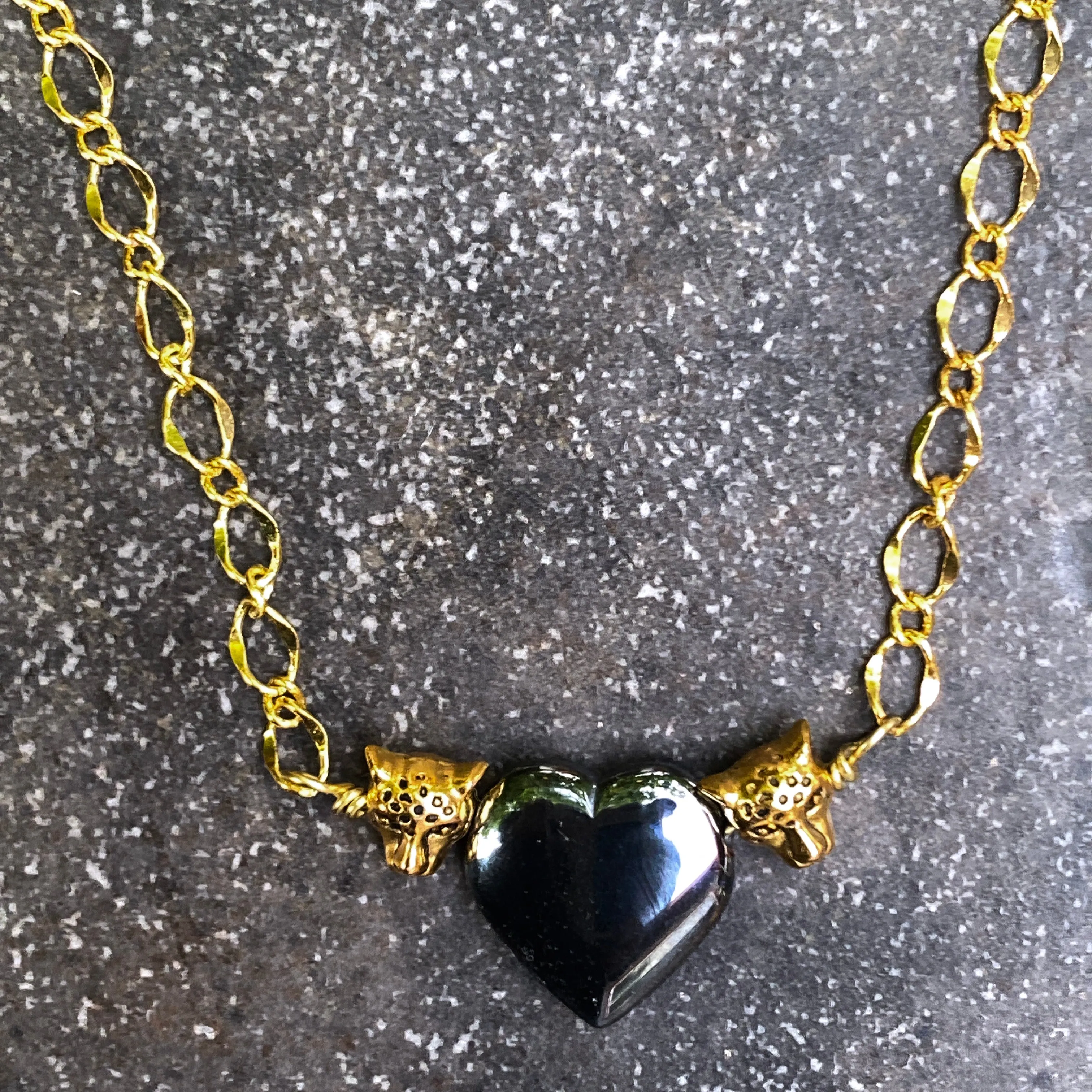 Hematite gemstone Heart Brass Leopard Necklace