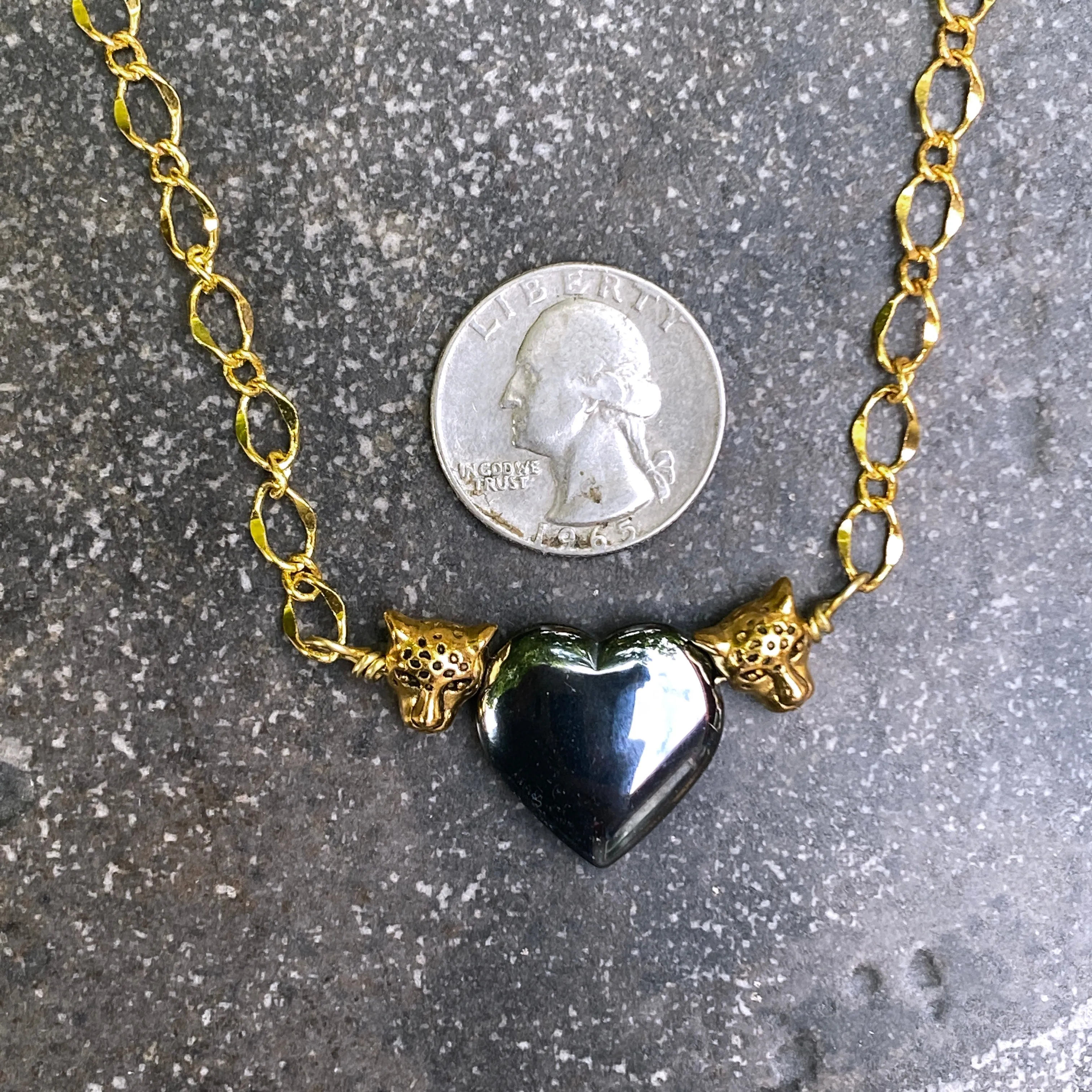 Hematite gemstone Heart Brass Leopard Necklace