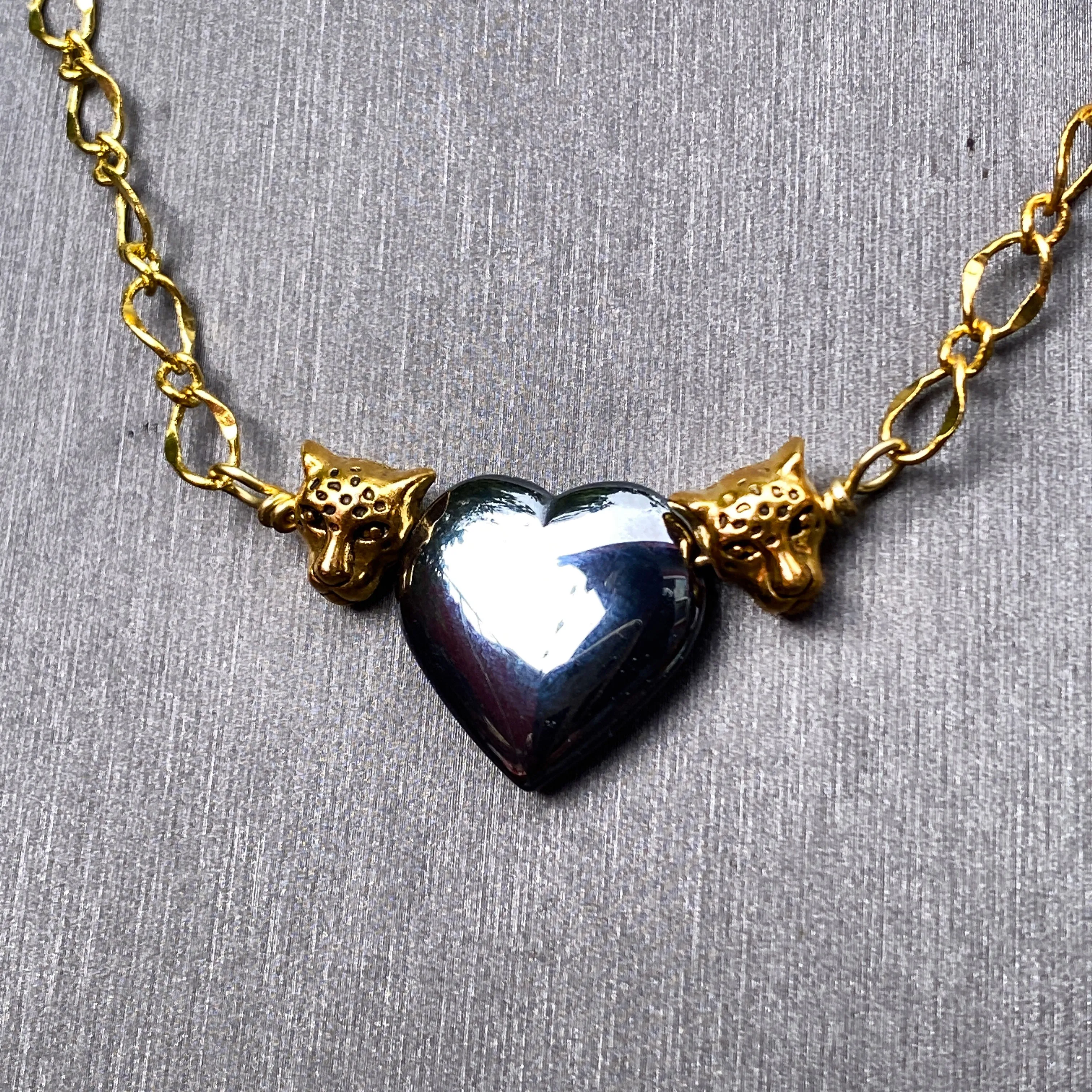 Hematite gemstone Heart Brass Leopard Necklace