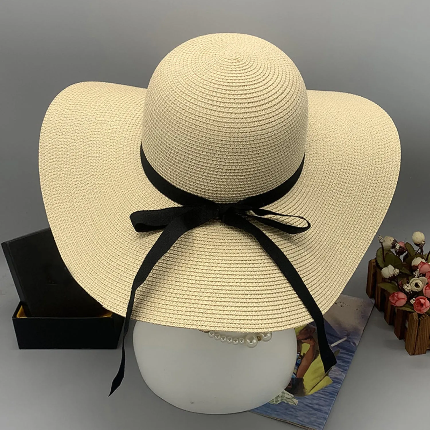 Julia Bow Paper Braided Wide Brim Hat