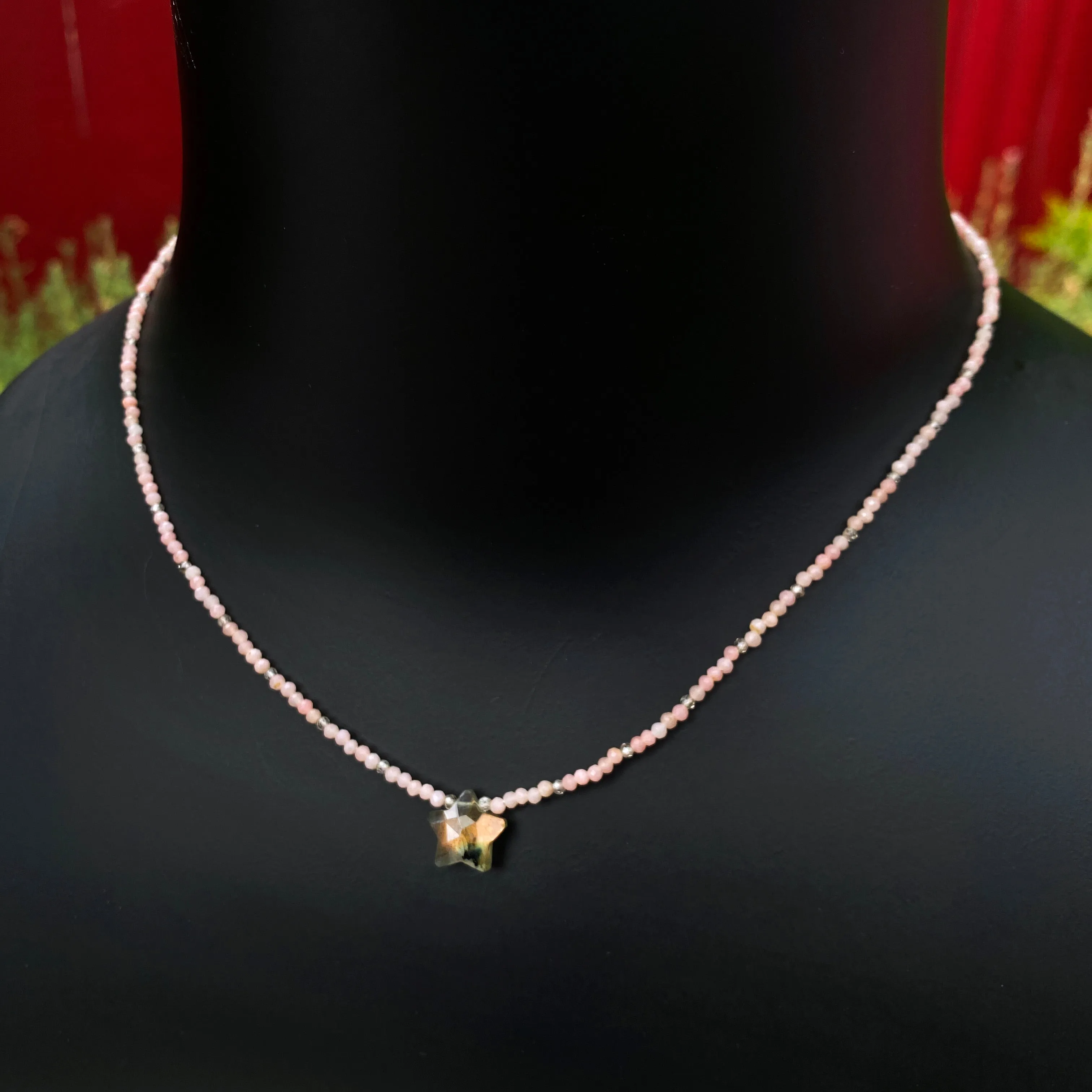 Labradorite Star, pink opal, zircon gemstone, sterling silver necklace